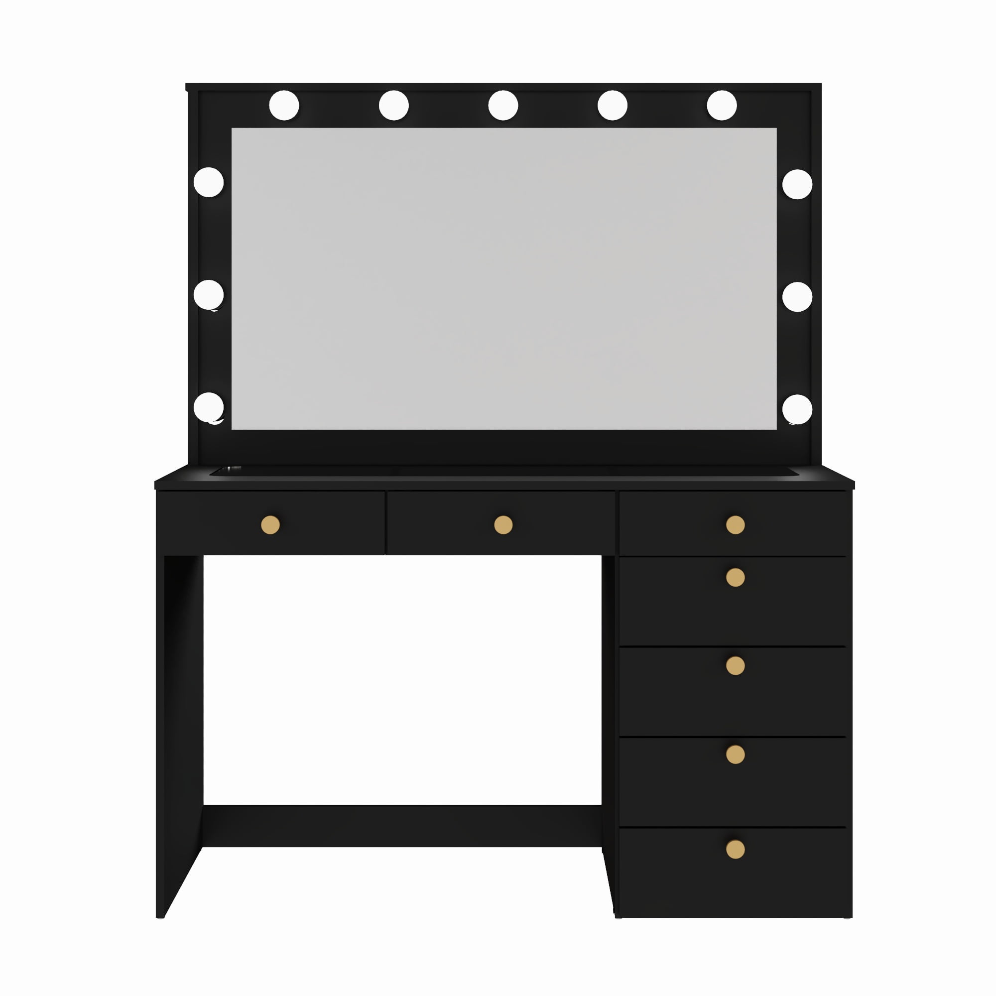 Ember Interiors Melody Black Makeup Vanity Desk with Lights, Charging Station