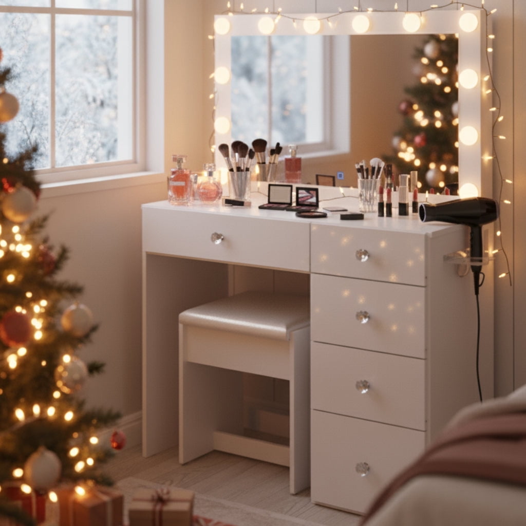 Ember Interiors Nadia Makeup Vanity Desk with 12 Lights, 5 Drawers, USB Charging Station, and Included Stool, White