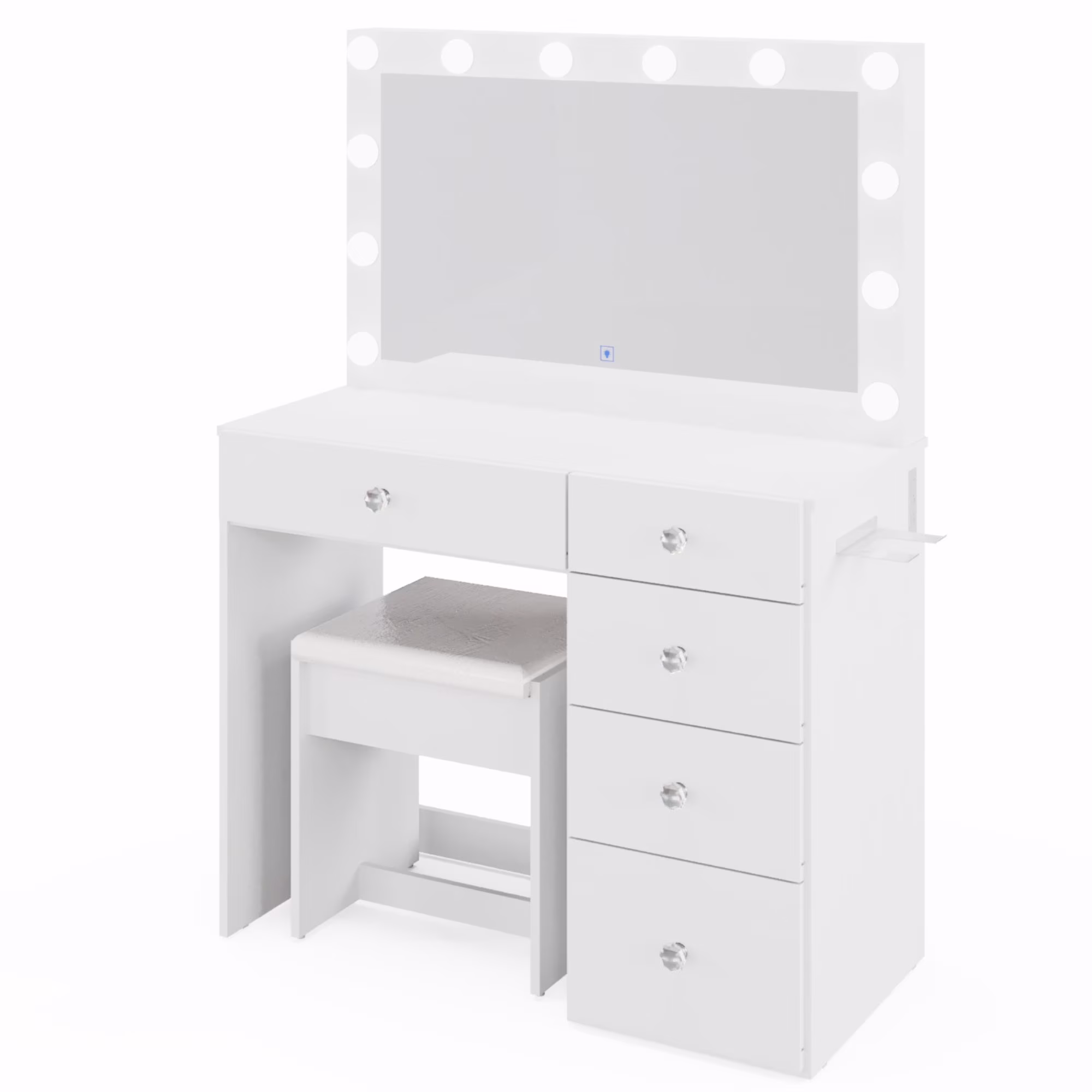 Ember Interiors Nadia Makeup Vanity Desk with 12 LED Lights, 5 Drawers, USB Charging Station, and Stool, White