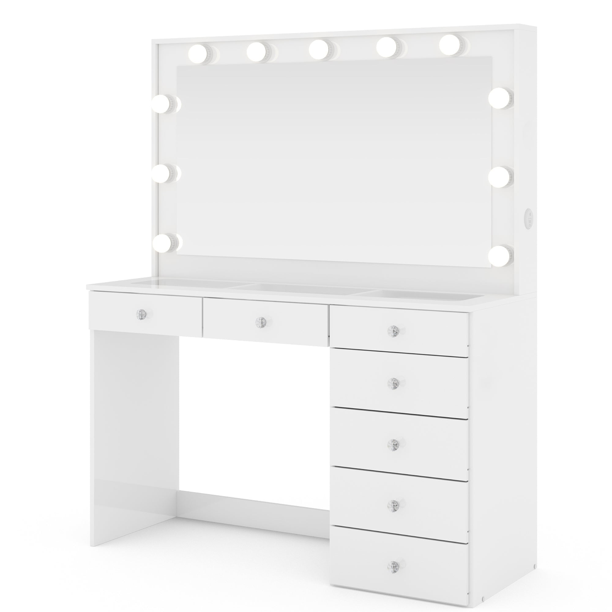 Ember Interiors Polly White Makeup Vanity Desk with Lights, Charging Station