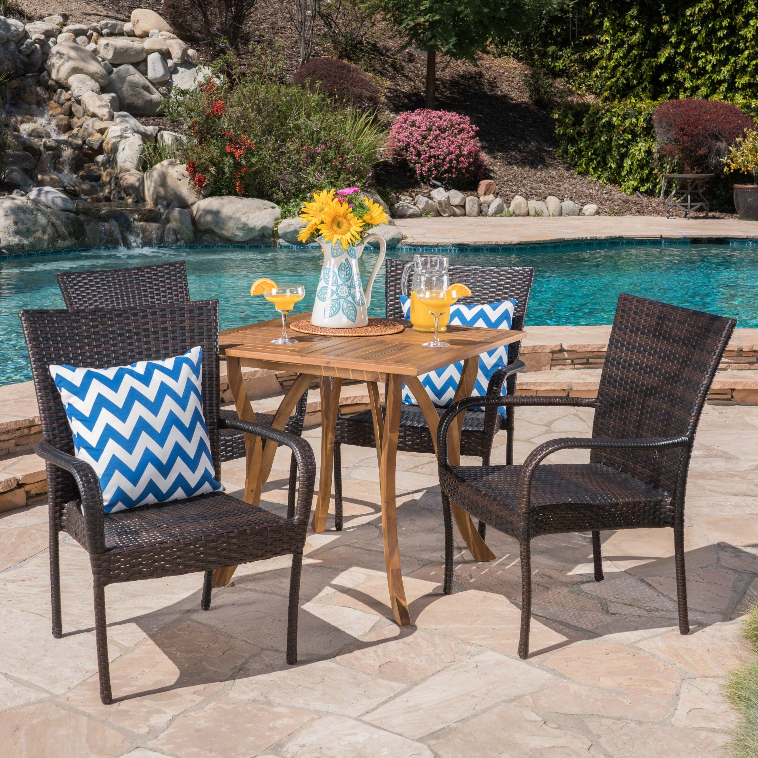 Emerson Outdoor 5 Piece Acacia Wood and Wicker Dining Set, Teak, Multibrown
