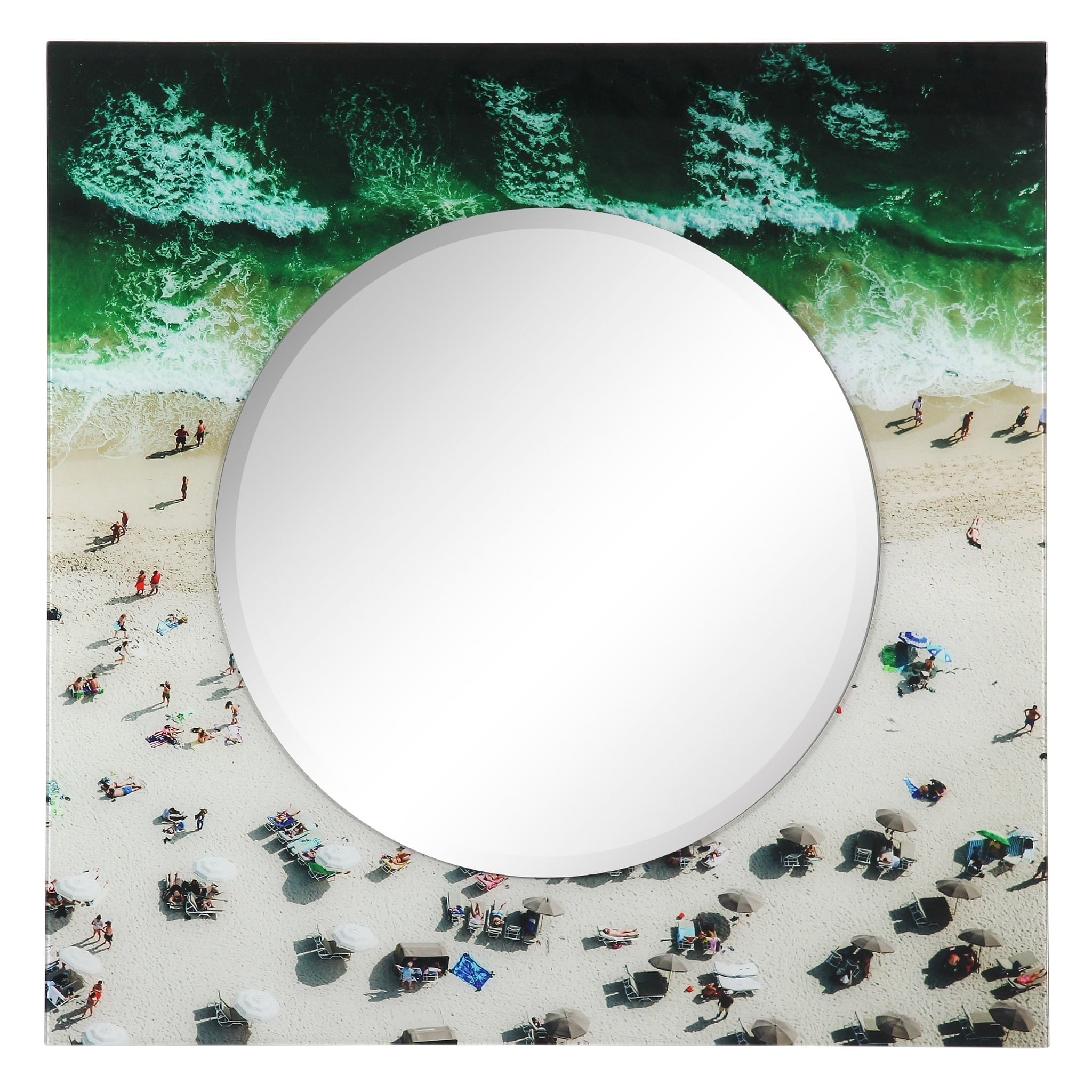 Empire Art Direct 36 in. Beach Square Reverse Printed Tempered Glass Art with 24 in. Round Beveled Mirror