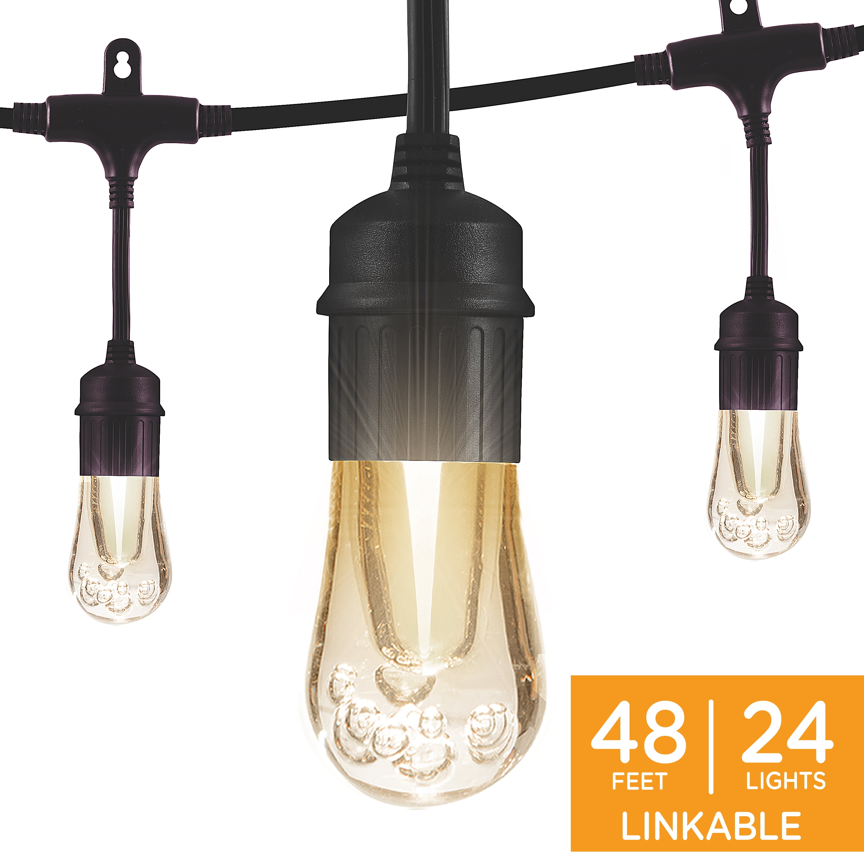 Enbrighten 48ft 24 Bulbs Vintage Indoor/Outdoor LED Café String Lights, Black Cord, 35631