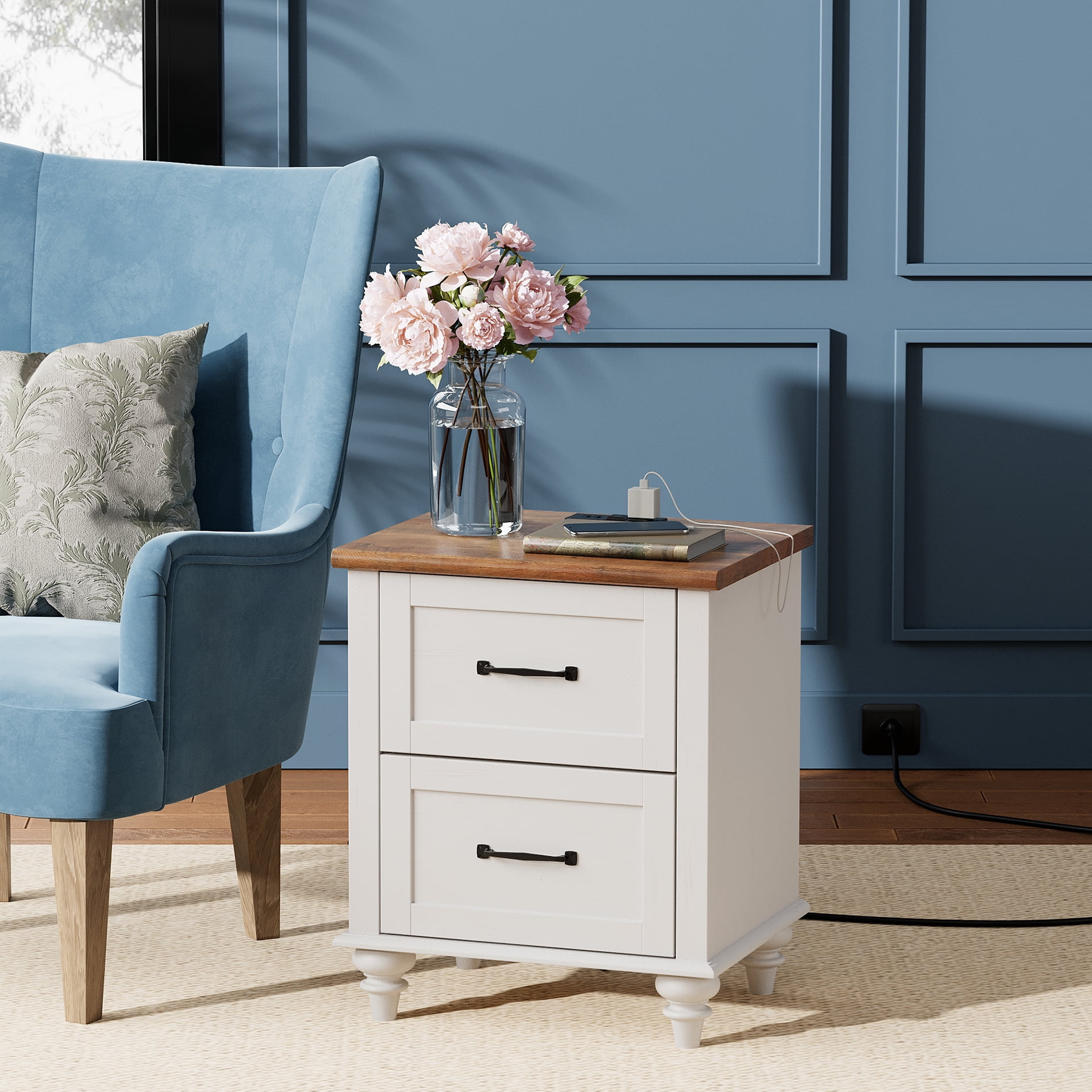 End Table with Charging Station Farmhouse Wooden NightStand Sofa Side Table with 2 drawers for Bedroom Living Room, White