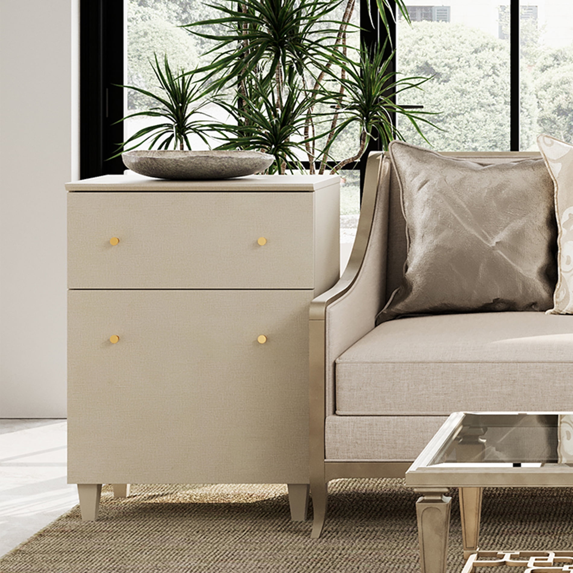 End Table with 1 Drawer and 1 Door, Large Beige Sofa Side Table with Adjustable Storage for Living Room