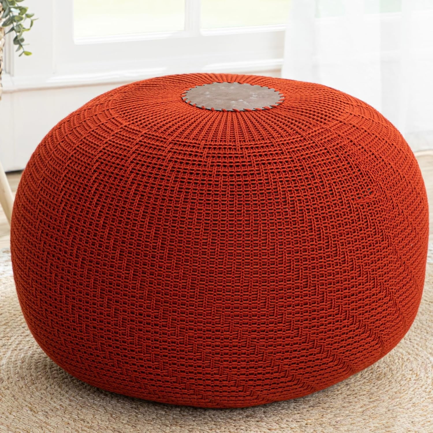 English Home Round Ottoman Pouf Foot Stool Large Knitted Pouffe Stool Seat Cushion Boho Home Decor Extra Seating Floor Cushion for Living Room, Bedroom, Indoor, Outdoor 37 x 50 cm Terracotta
