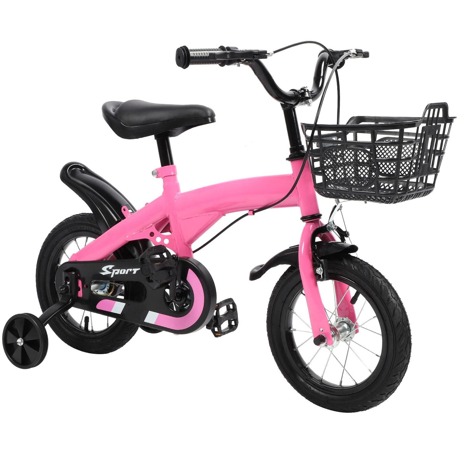 Eotvia 12 inch Kids Bike with Training Wheels, Children Bike with Handlebar, Kids Bicycle for Boys Girls Toddlers Ages 1 to 5, 2-in-1Pink Toddler Bike