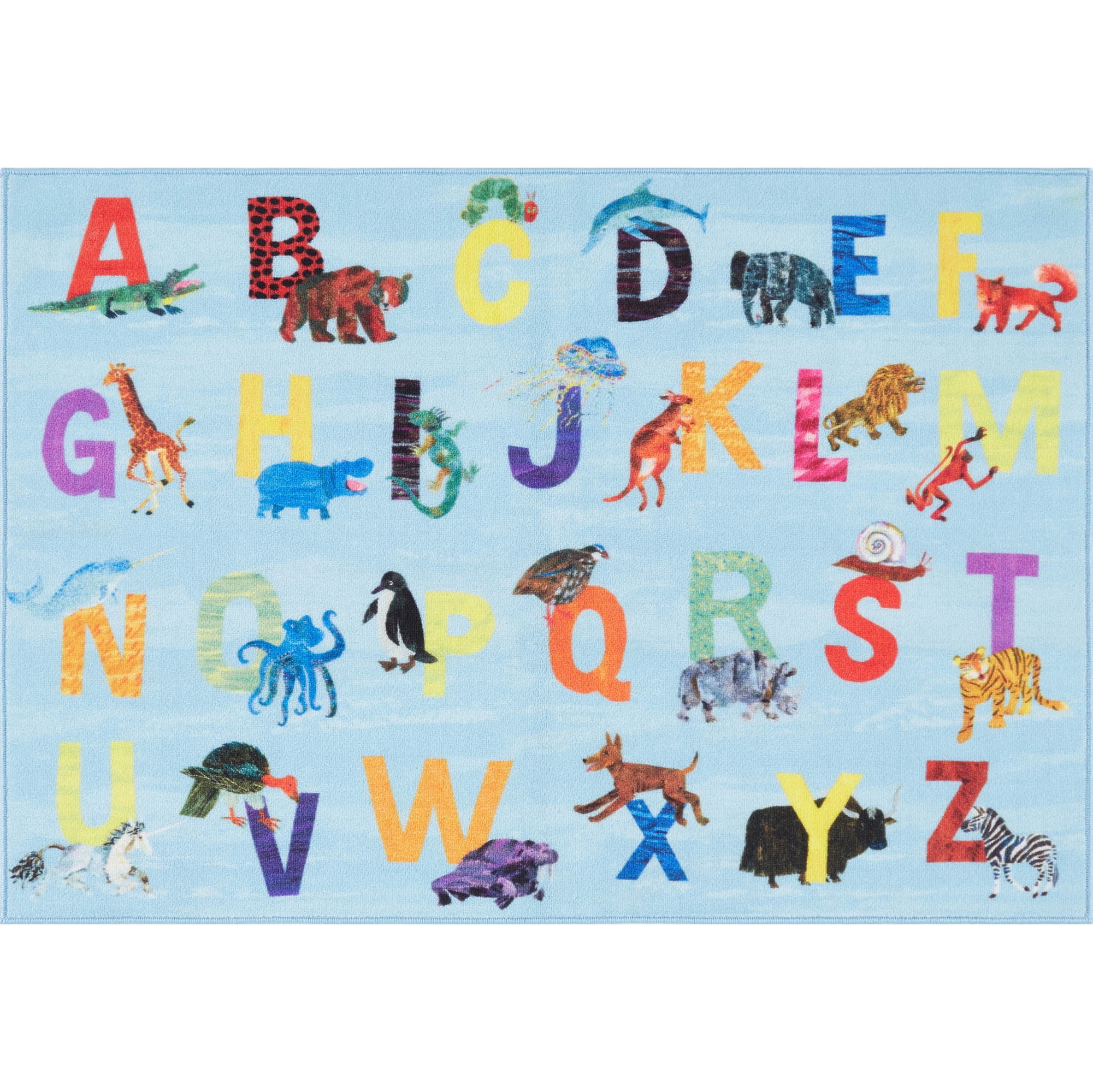Eric Carle Elementary Blue Alphabet Kids Machine Washable Area Rug Blue/Orange, 4'11"x6'6"