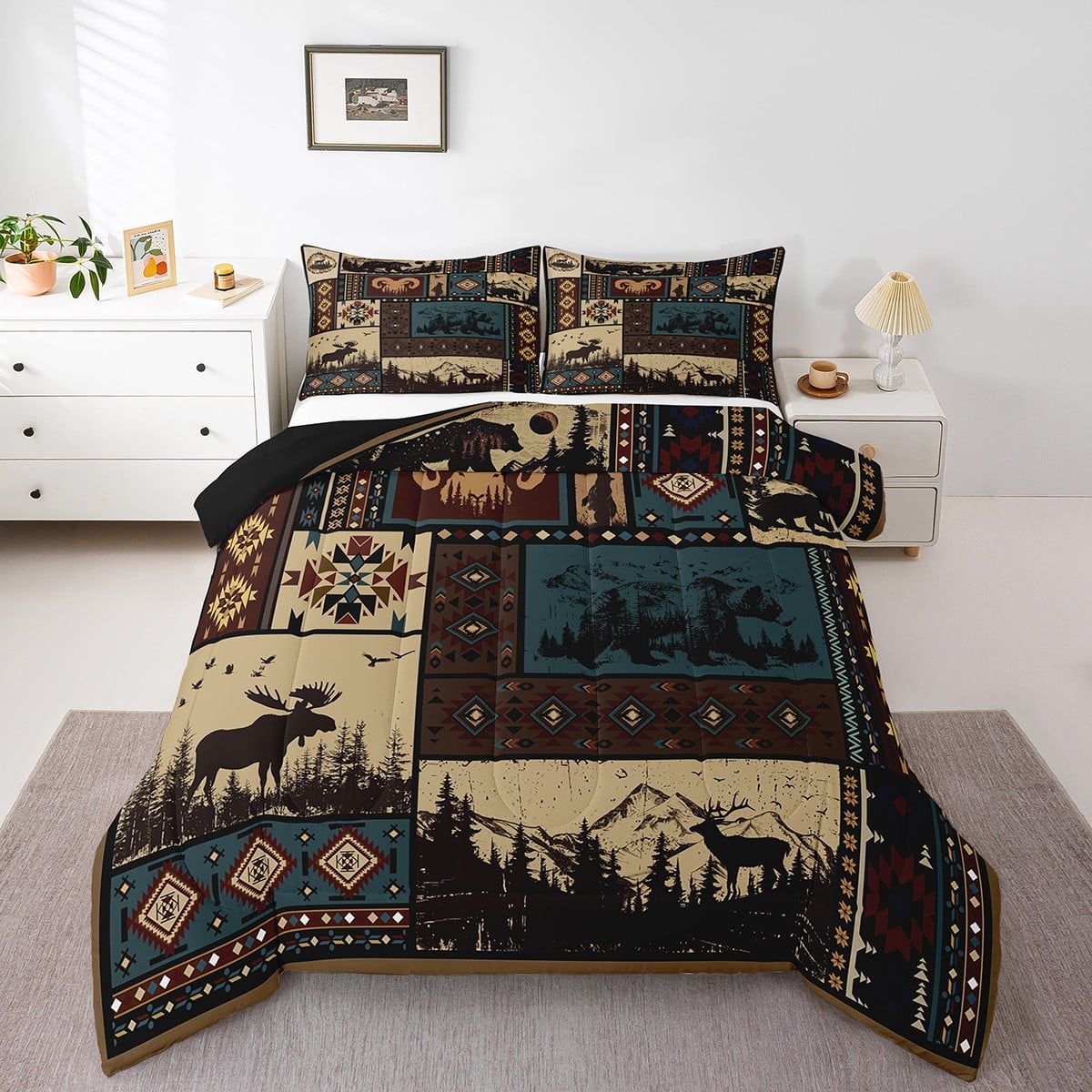 Erosebridal Aztec Comforter Sets Twin Rustic Southwestern American Native Bedding Set,Bear Deer Moose Quilt Retro Indian Style Hunting Animal Duvet Insert with 1 Pillowcase Microfiber