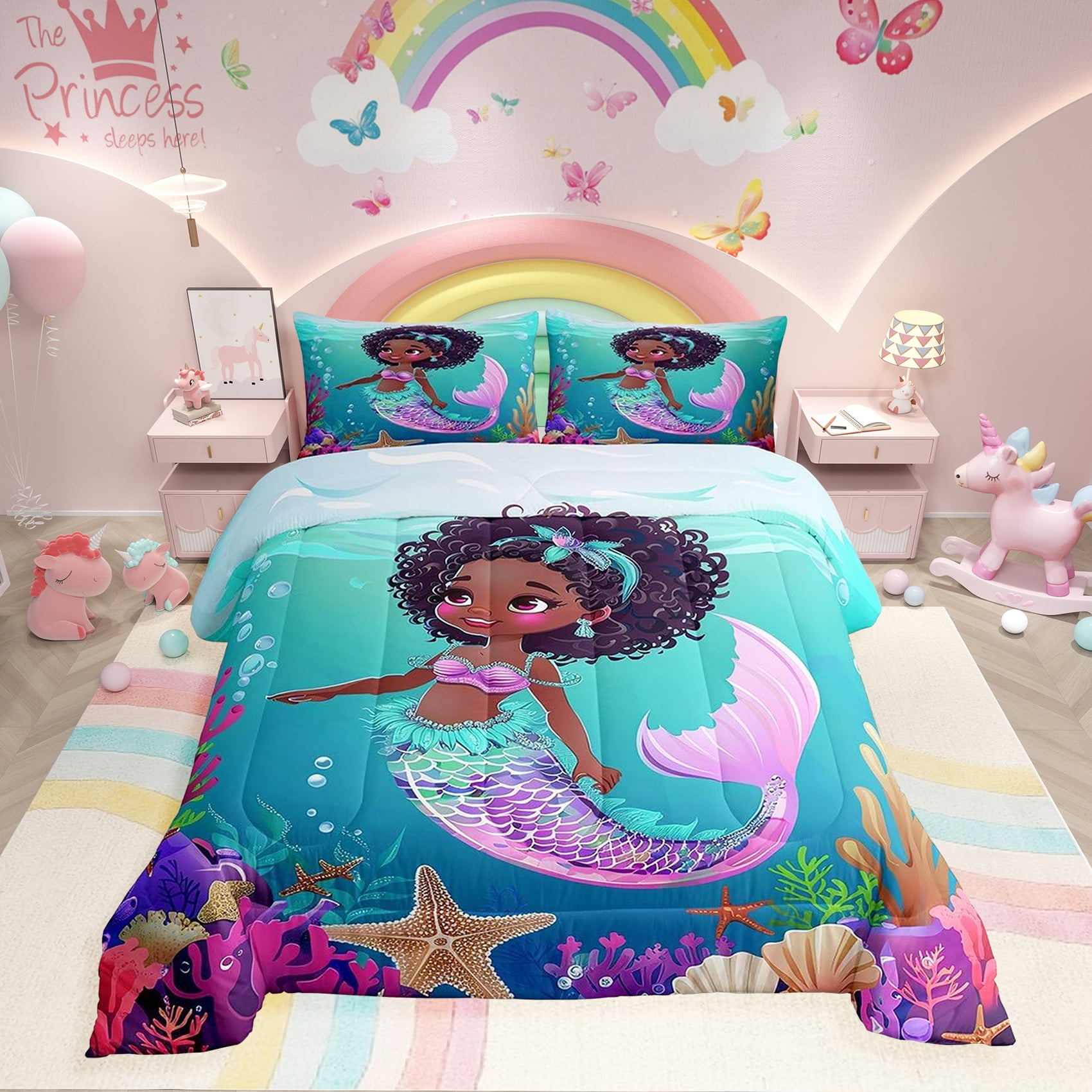 Erosebridal Black Mermaid Comforter Set Queen Black Princess Bedding Sets Cute Ocean Mermaid Bed Comforter Sets American African Quilt Set Marine Life Room Decor 2 Pillow Cases