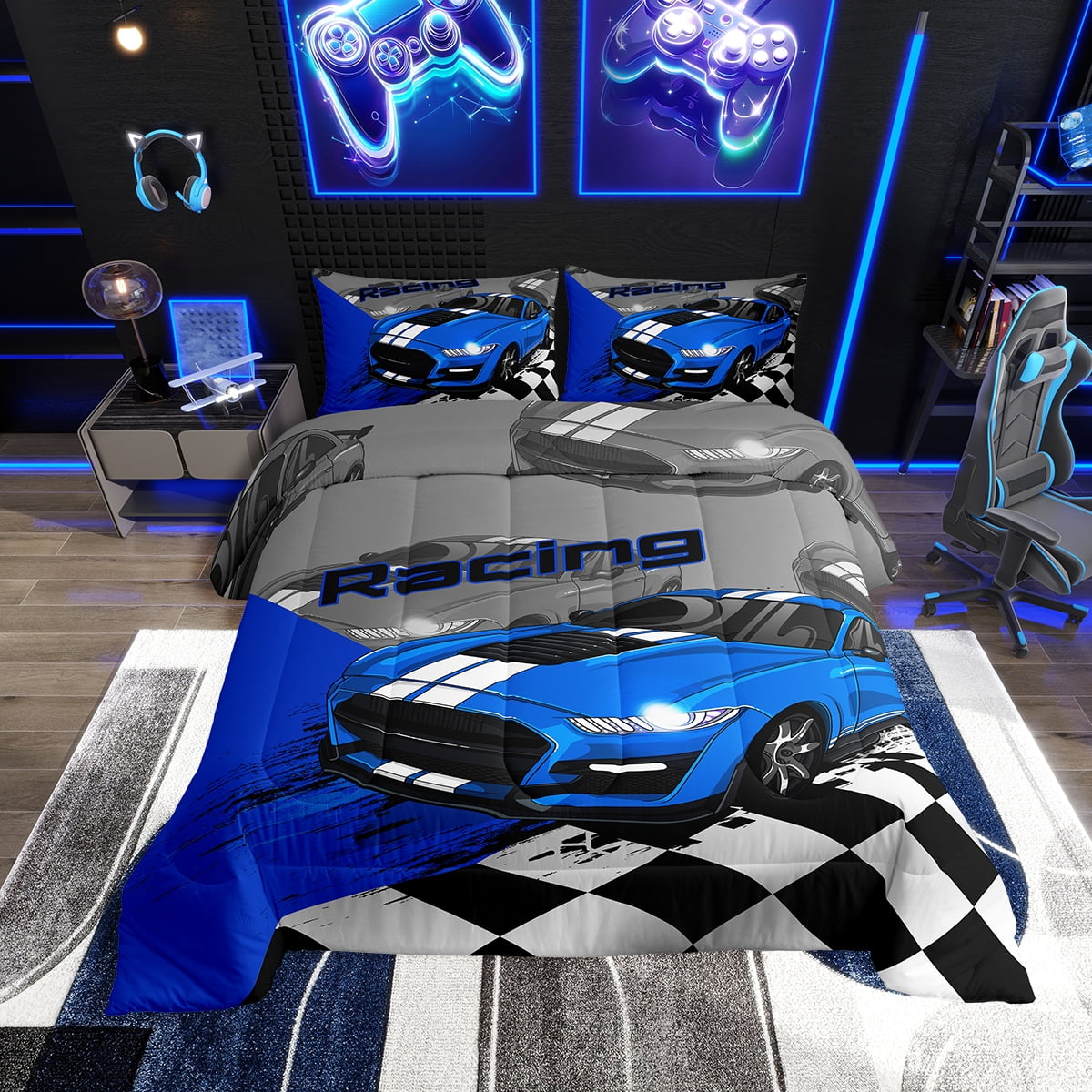 Erosebridal Race Car Bedding Speed Sports Car Twin Bed Comforter Set Teens Blue Cool Car Extreme Sports Comforter Set, Black White Racing Lattice Quilt with 1 Pillowcase