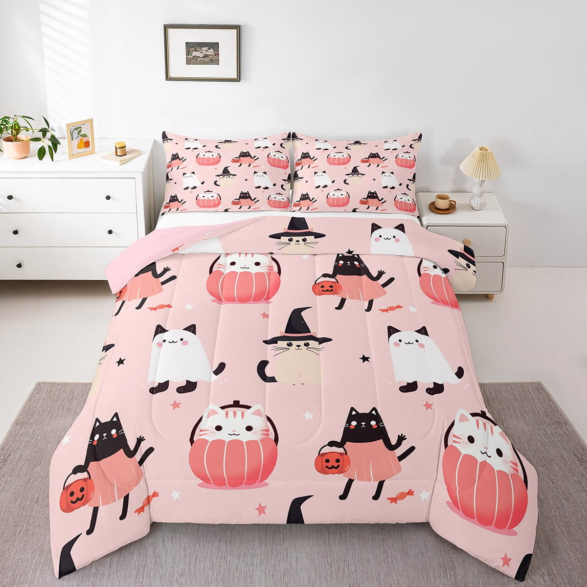 Erosebridal Cute Ghost Cat Comforter Set Twin Happy Halloween Pumpkin Bedding Set Gifts Teen,Black White Halloween Kitten Bed Comforter Set Pink Halloween Quilt Set 1 Pillow Case