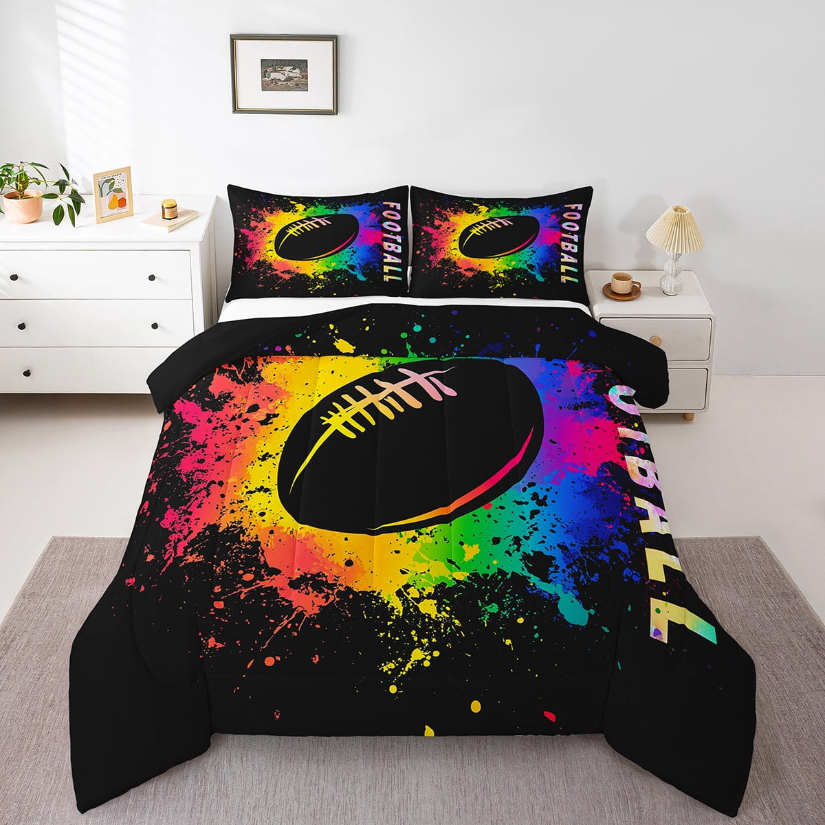 Erosebridal Football Comforter Sets ,Hand Drawn American Football Duvet Insert,Colorful Tie Dyed Ball Game Bedding Set Twin,Neon Sports Down Comforter with 1 Pillowcase