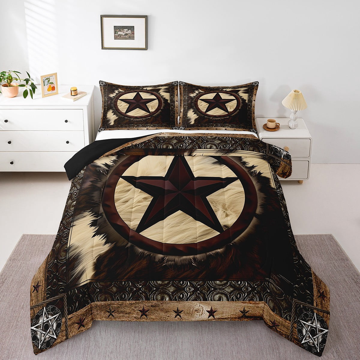 Erosebridal Highland Cow Comforter Set ,Farmhouse Cowhide Bedding Sets Full Size,Western Texas Star Duvet Insert Warm,Rustic Wooden Fur Down Comforter with 2 Pillow Shams Soft