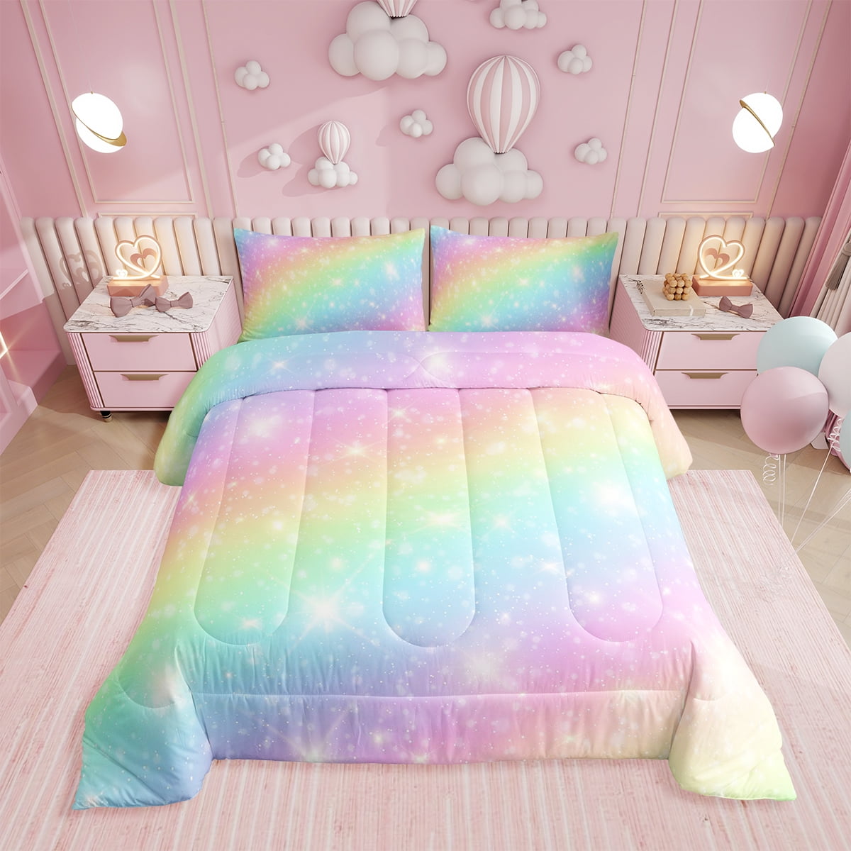 Erosebridal Rainbow Bedding Set Teens Women Tie Dye Pastel Comforter Set Twin Size Golden Stars Glitter Bedding Comforter Set Watercolor Art Girly Quilt Set Sweet Bedroom Decor 2 Piece