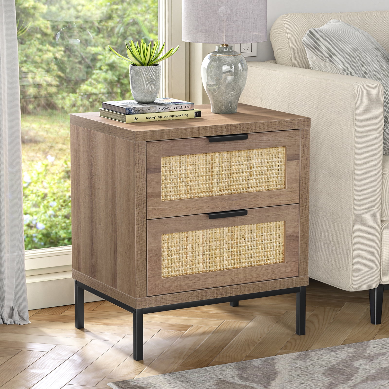Eumyviv Farm House Night Stand with 2 Rattan Drawers, Wood Bedside Storage Cabinet, Oak Finish