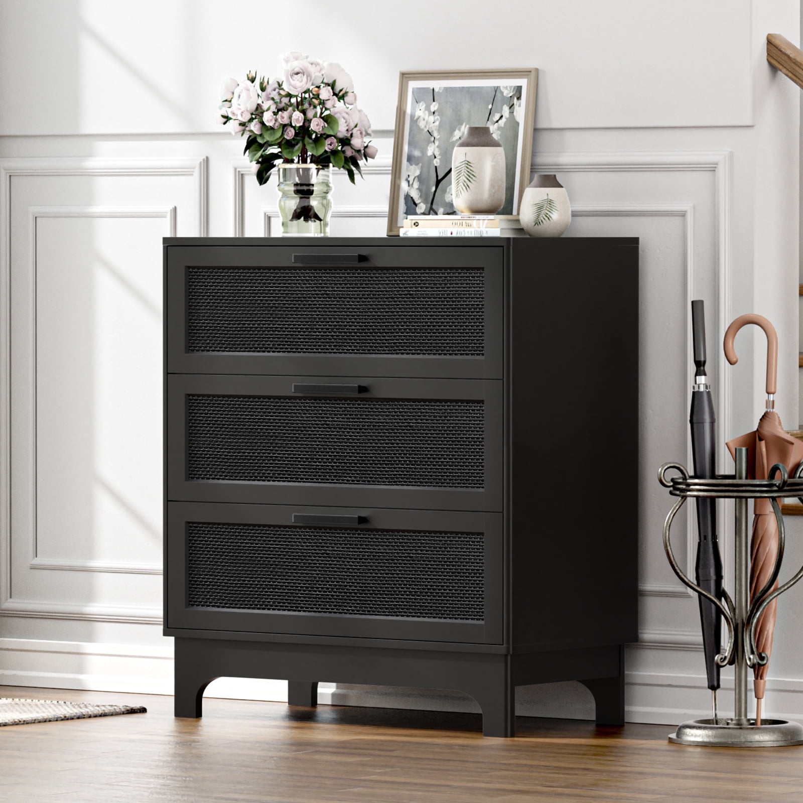 Eumyviv Mid Century 3-Drawer Chest, Solid Wood MDF Dresser with Black Rattan for Bedroom Living Room