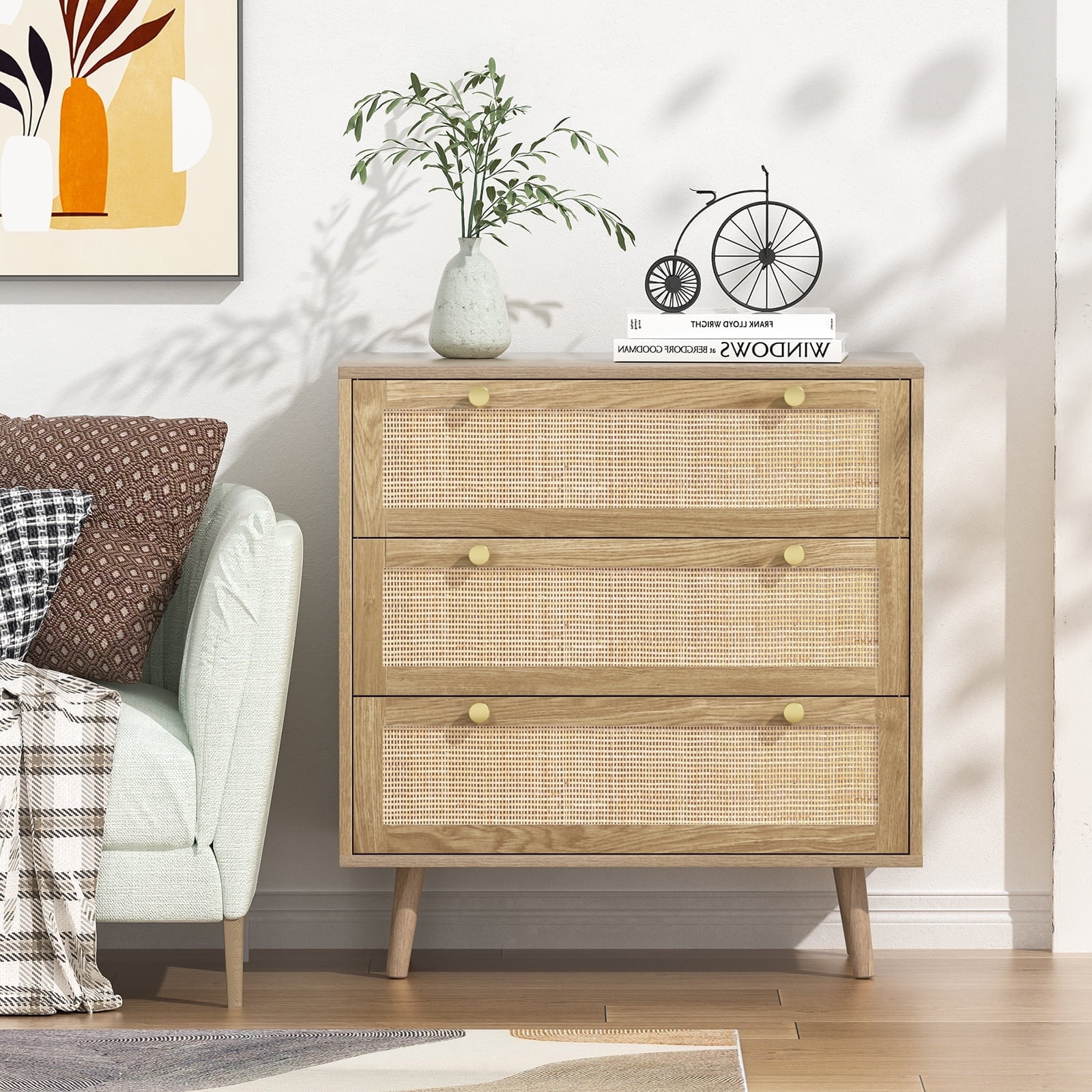 Eumyviv Rustic Tall Wood 3-Drawer Dresser, Farm House Style, Oak Finish