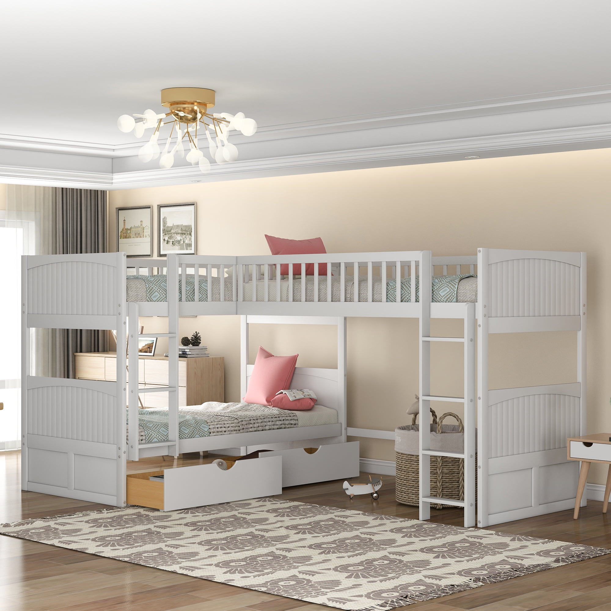 Euroco Wood Bunk Bed Storage, Twin-over-Twin for Kids Teens Bedroom, White