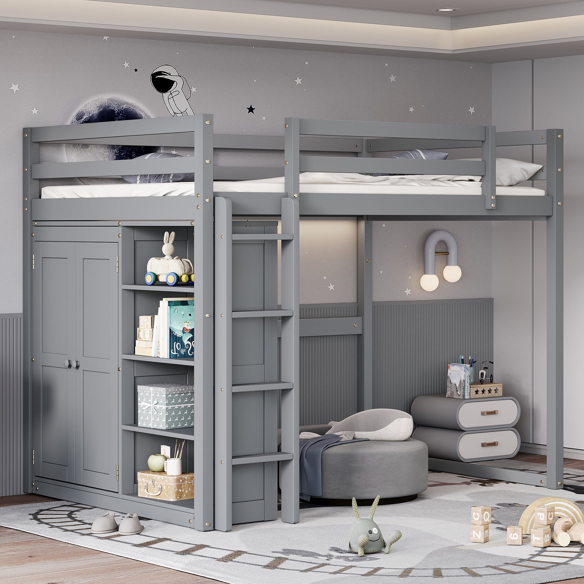 Euroco Wood Full Size Loft Bed with LED Light, Bookcase and Wardrobe, Storage Shelf for Kids Teens, Gray