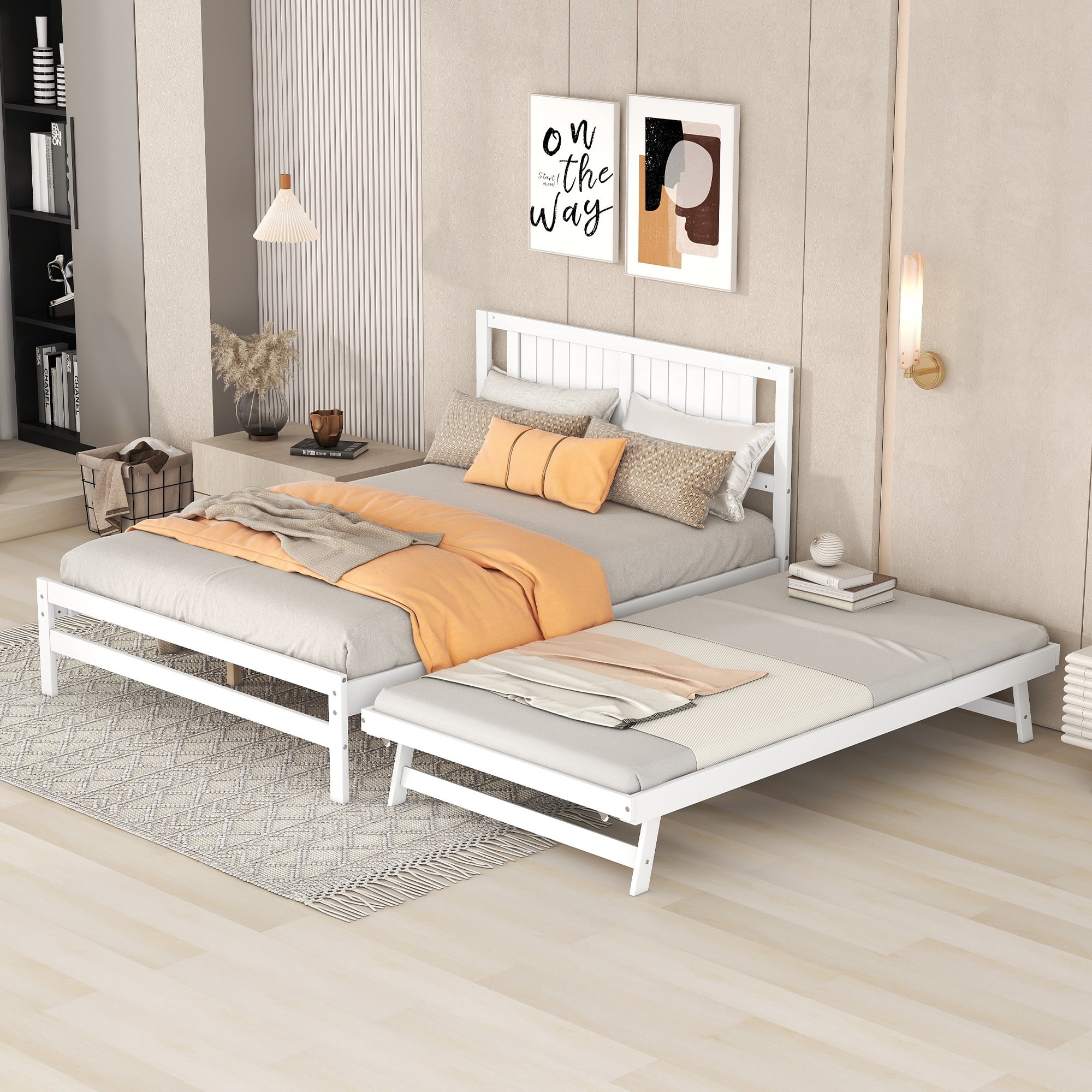 Euroco Wood Full Size Platform Bed, Wooden Bed with Convertible Trundle Bed for Kids Teens Adulst,White