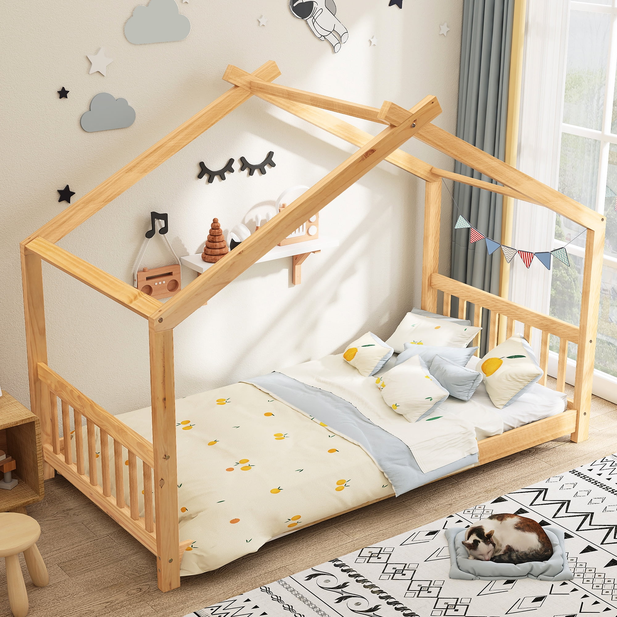 Euroco Wood House-Shaped Twin Platform Bed for Kids, Low Profile House Bed, No Box Spring Needed, Wood Color