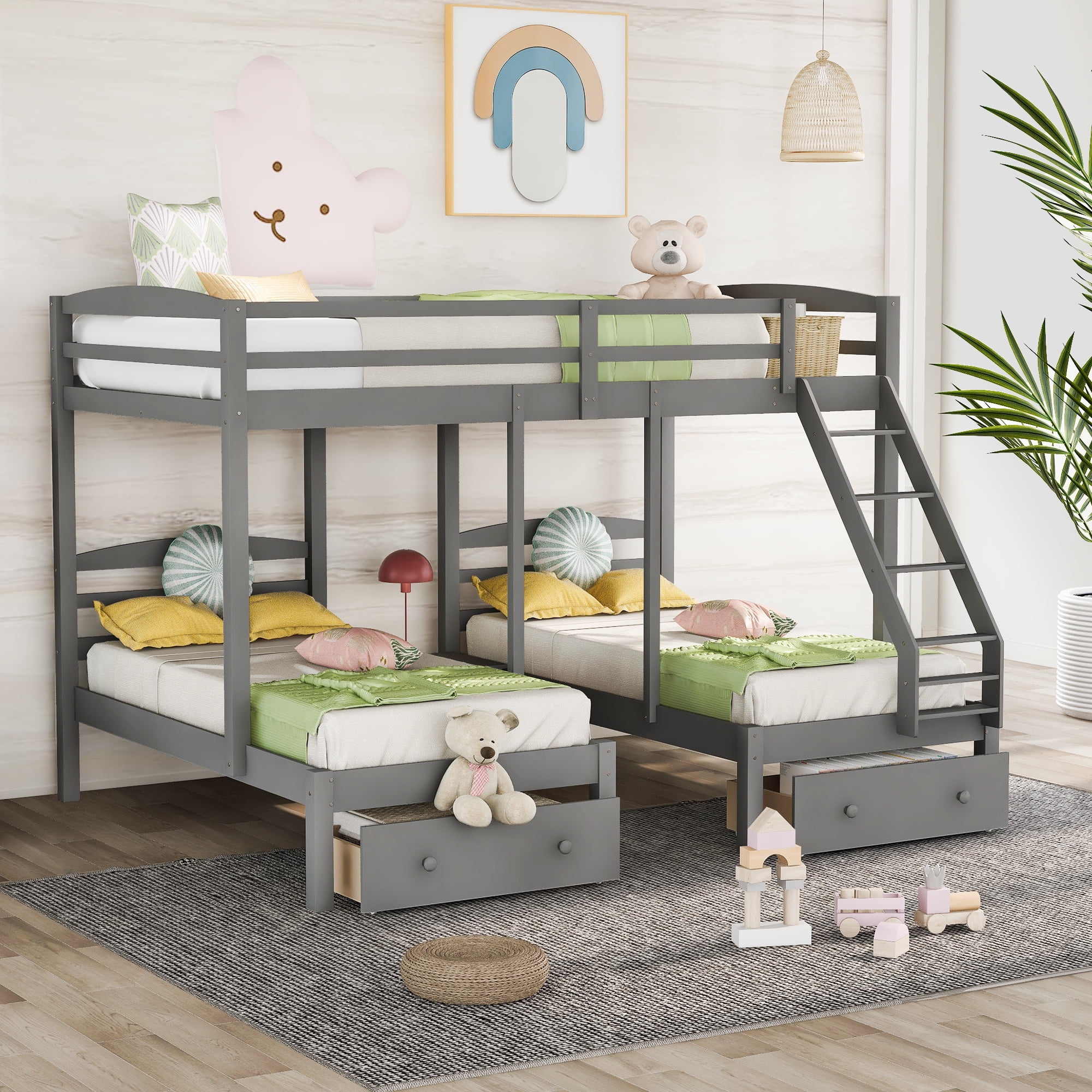 Euroco Wood Storage Bunk Bed, Full over Twin & Twin for Kids Teens Bedroom, 3-in-1 Bunk with 2 Drawers, Gray