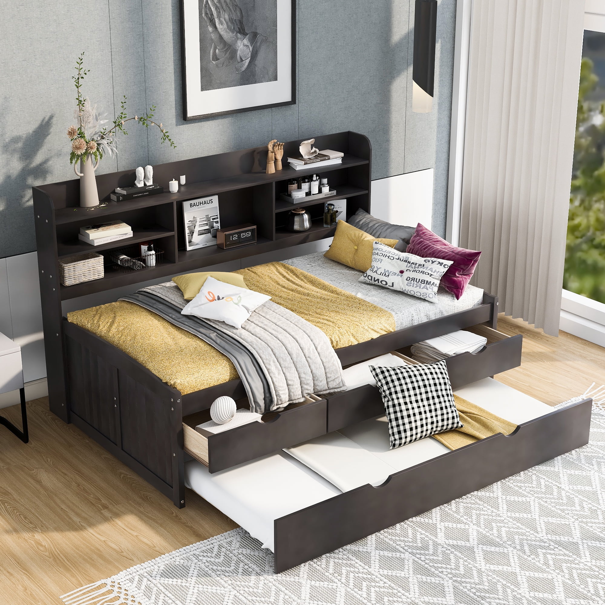 Euroco Wood Twin Size Daybed with Shelf, Wood Captain Bed with Drawers and Trundle Kids Teens, Antique Gray