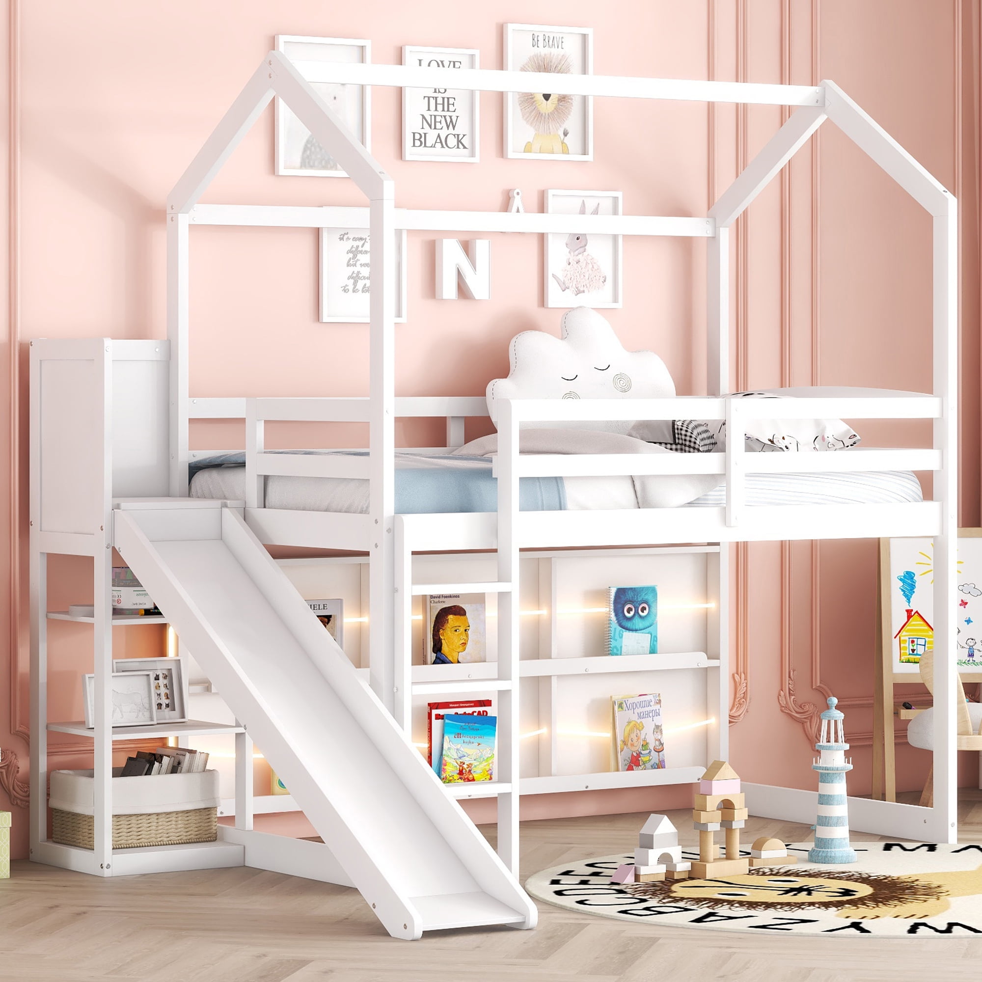Euroco Wood Twin Size Loft Bed with Shelf and Ladder, Bookcase and Light for Kids Teens Adults, White