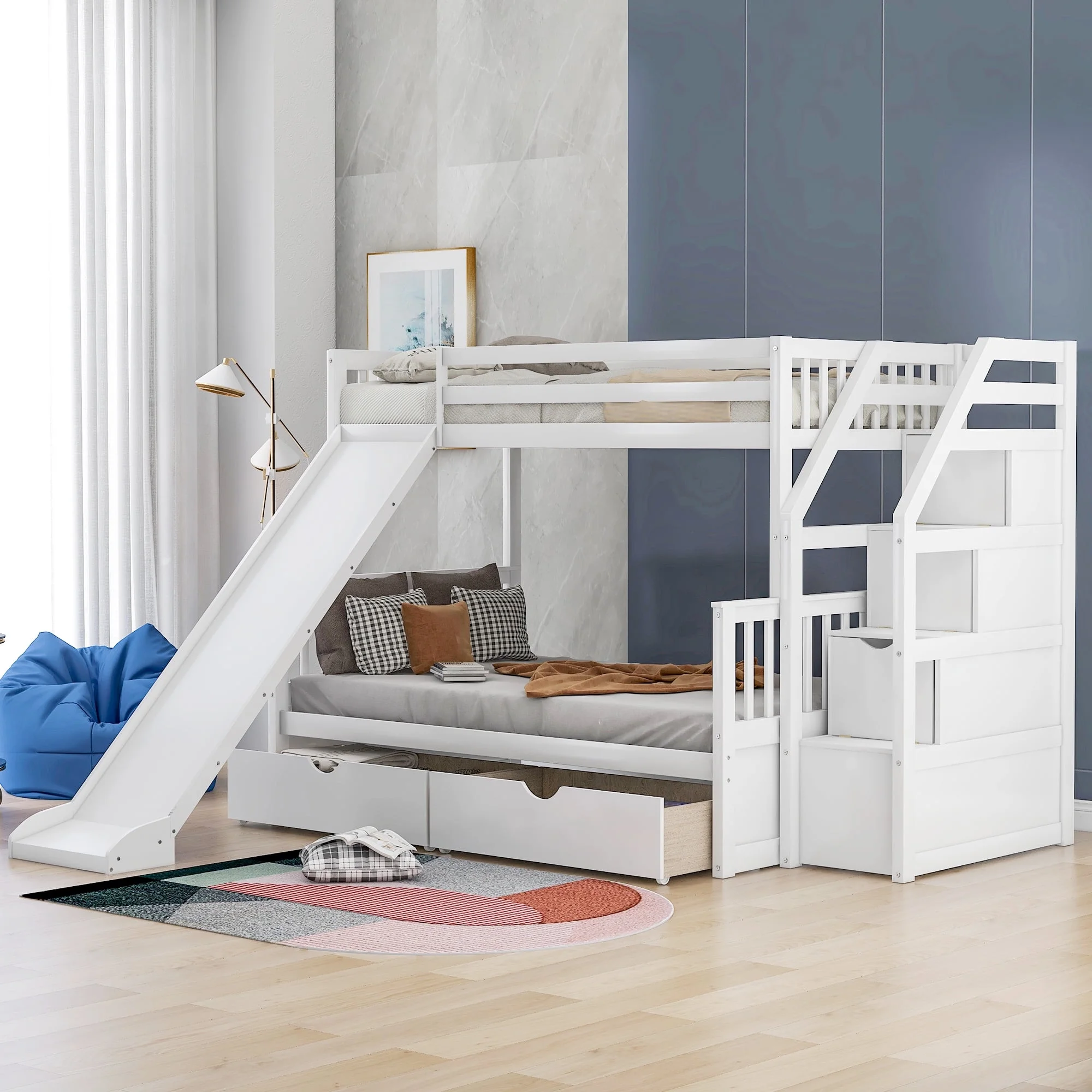 Euroco Wood Twin over Full Bunk Bed with 2 Drawers and Slide, Storage Staircase for Bedroom, White