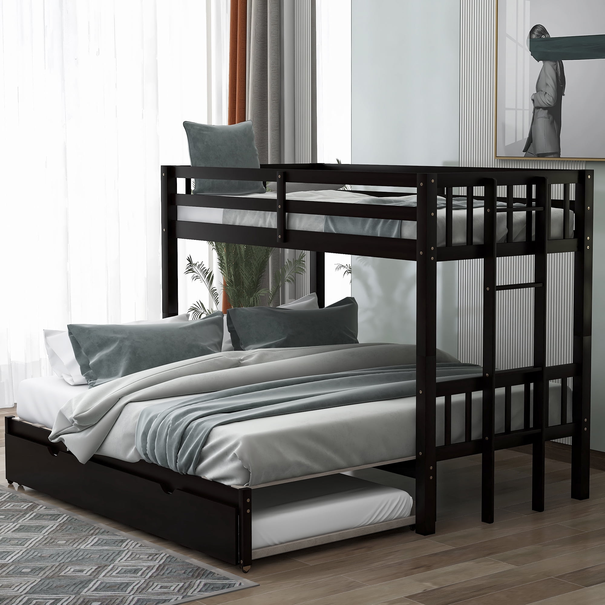 Euroco Wood Twin over Twin Bunk Bed with Trundle for Kids Teens Room, Espresso