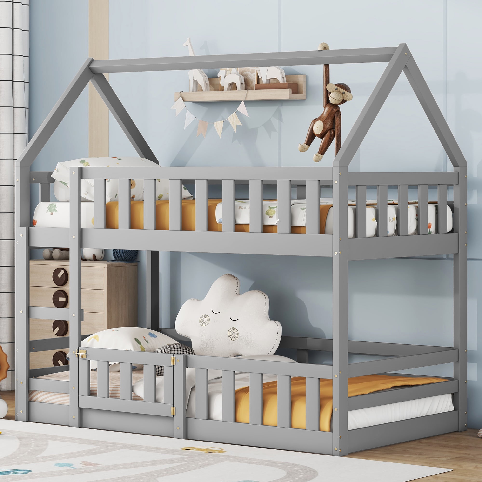 Euroco Wood Twin over Twin Bunk Bed, House Floor Bed with Fence and Door for Kids Teens, Gray