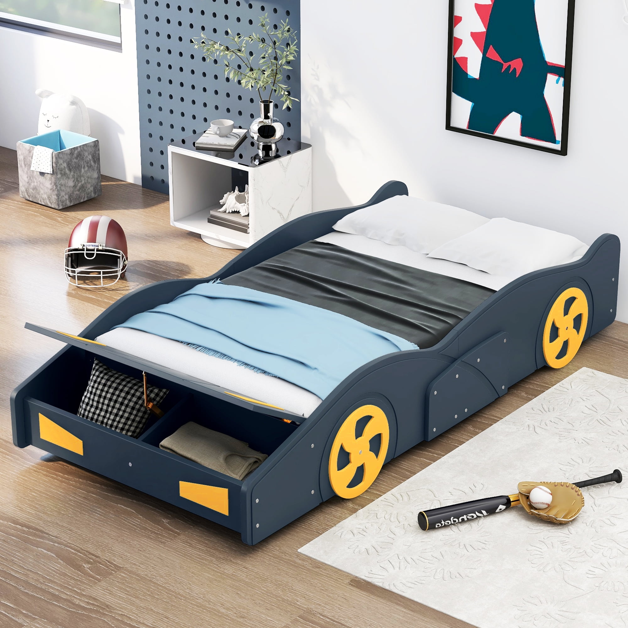 Euroco Car-Shaped Twin Size Platform Bed with Tires and Storage Cabinet for Kids Bedroom, Dark Blue