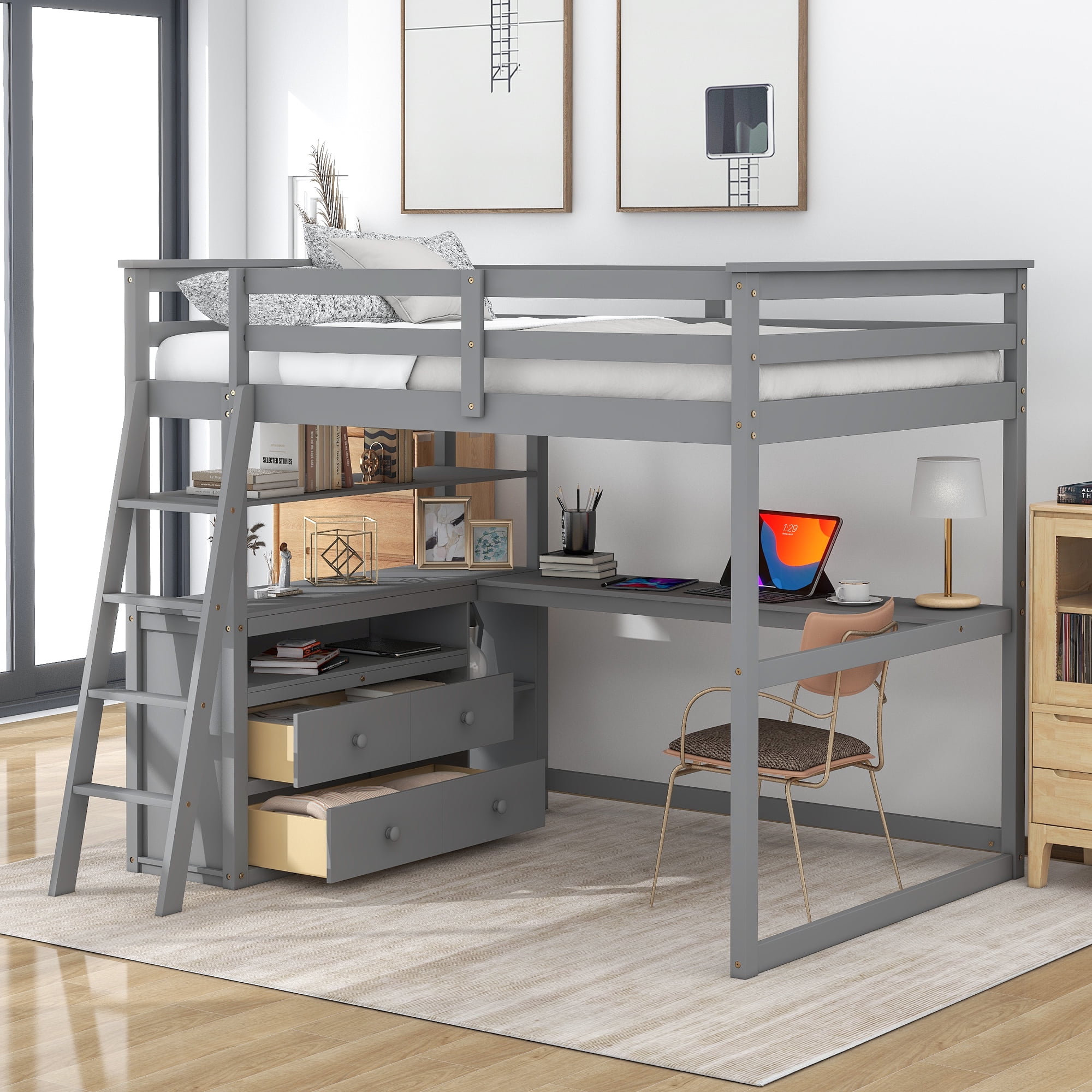 Euroco Full Size Wood Loft Bed with Shelves and Cabinet for Kids Teens, Incline Ladder and 3 Drawers, Gray