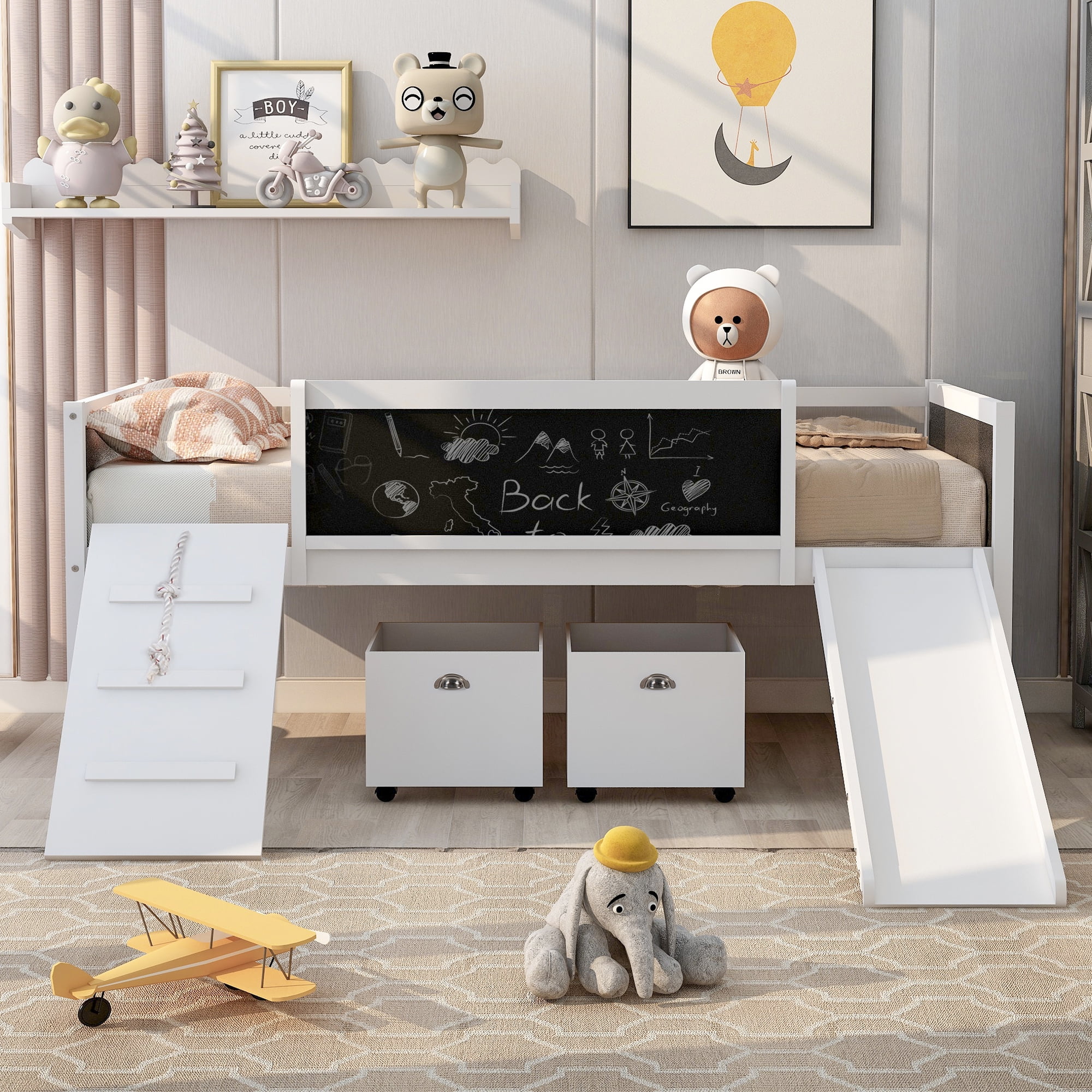 Euroco Wood Twin Size Loft Bed with Slide, Cabinets and Chalkboard, Climbing and Rope Design for Kids, White