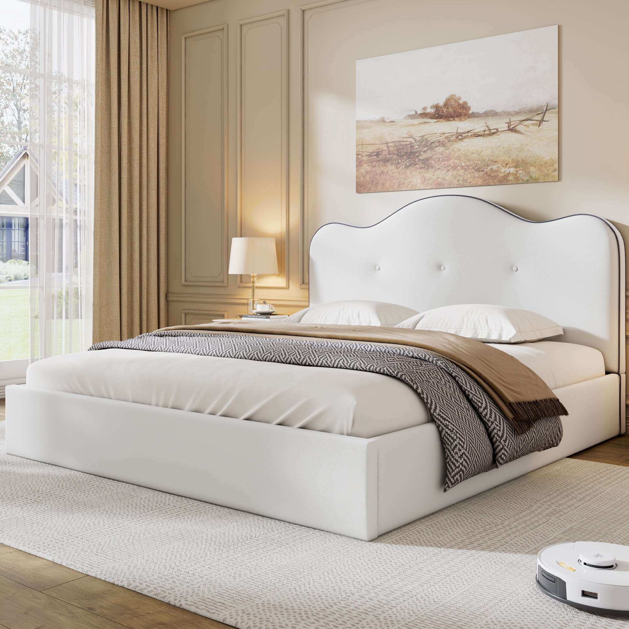 Euroco Queen Size Modern Upholstery Platform Bed, Beige