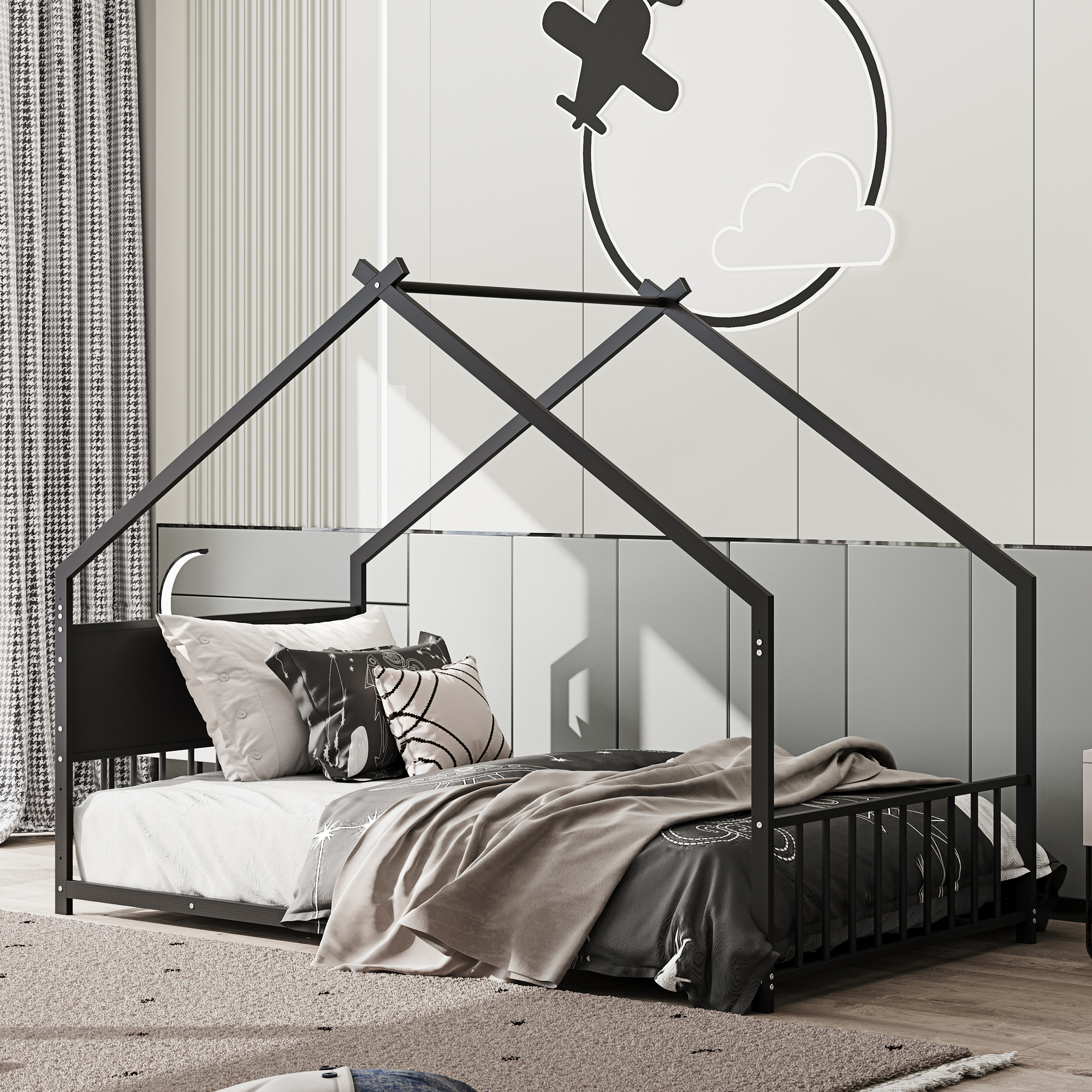 Euroco Metal Twin Size House Bed with LED Lights, Floor Bed with Roof Design, Black