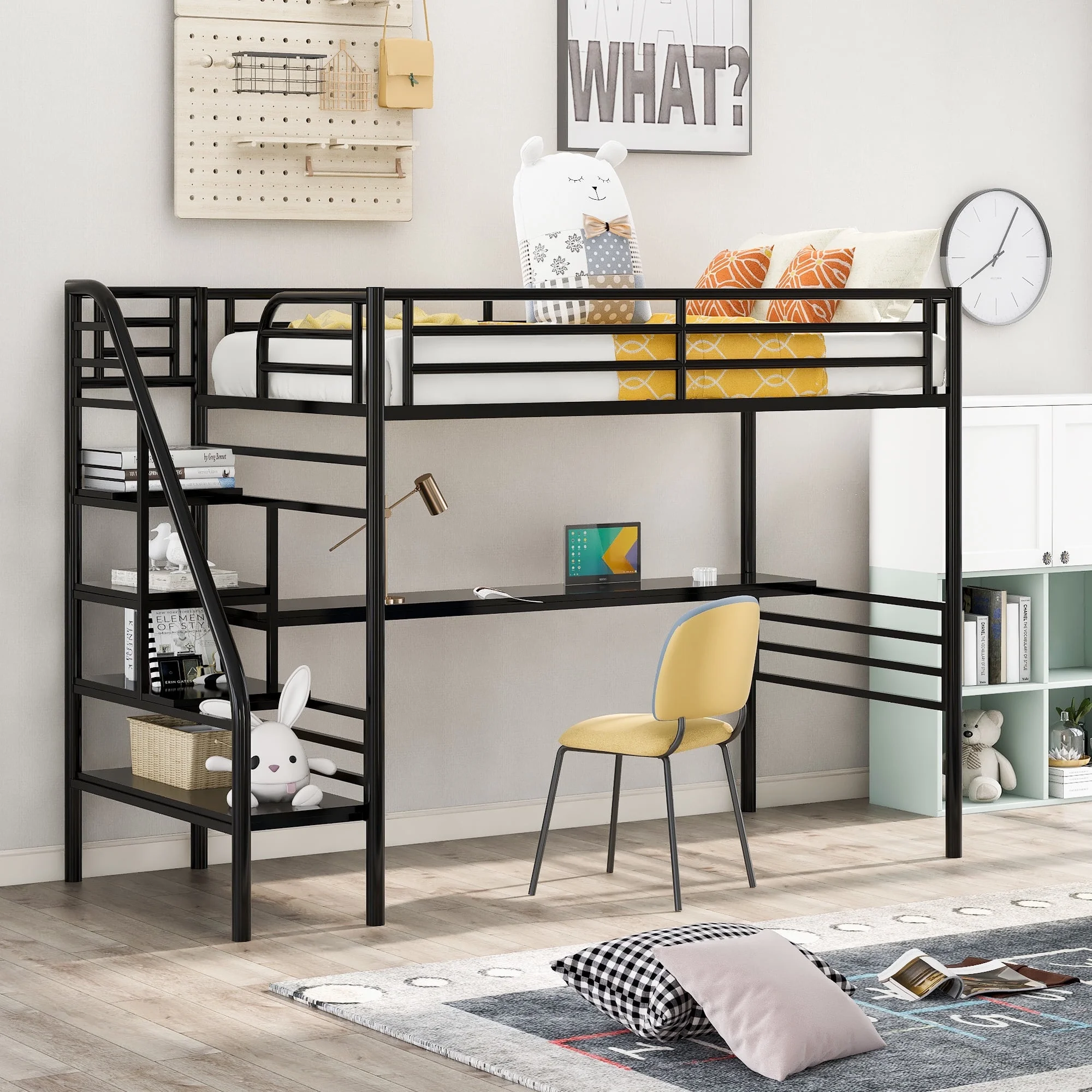 Euroco Metal Twin Size Loft Bed with Desk & Stairways, Metal Bed with Storage for Bedroom, No Box Spring Needed