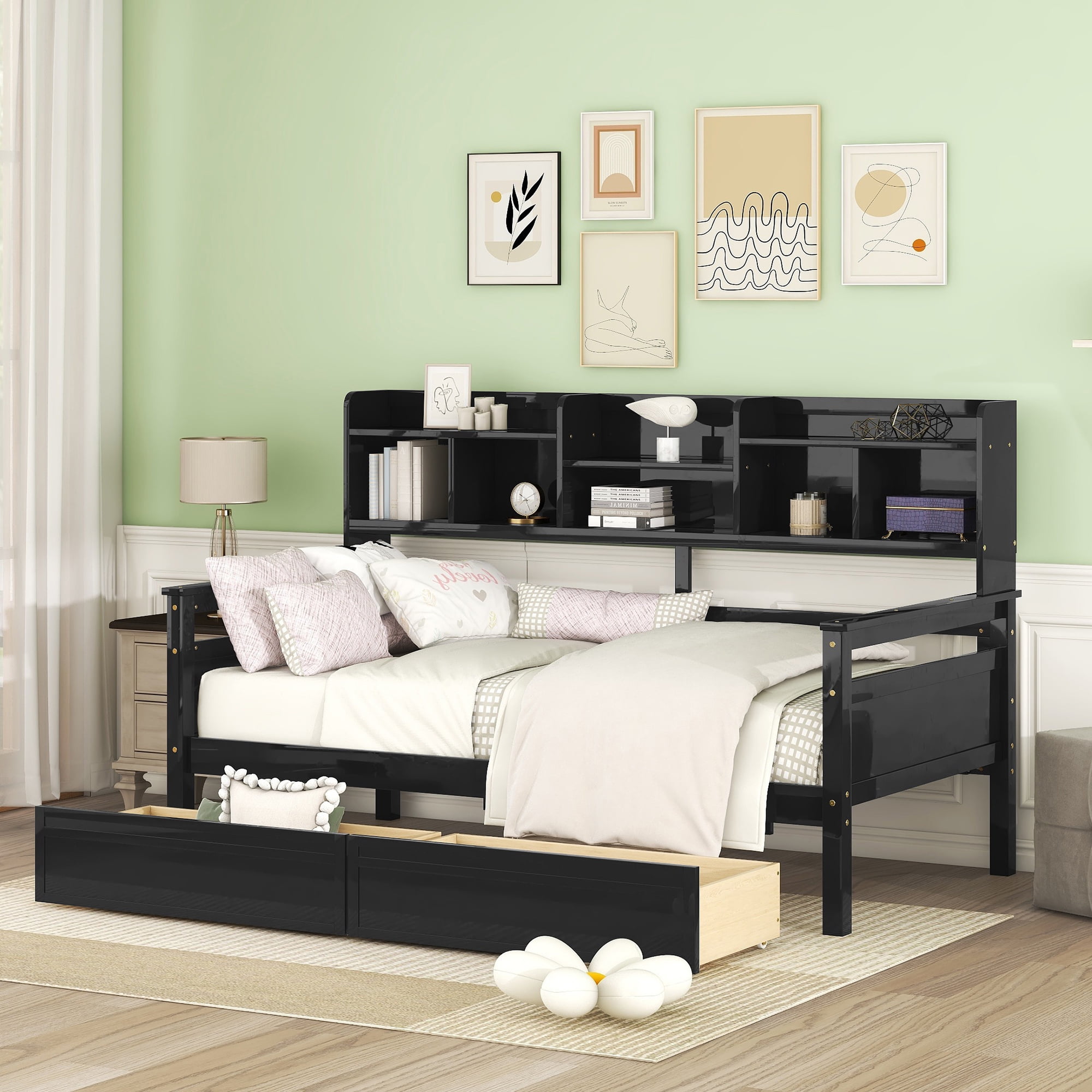 Euroco Wood Twin Size Platform Bed with 2 Drawers, Captain Bed with Storage Shelves, Espresso