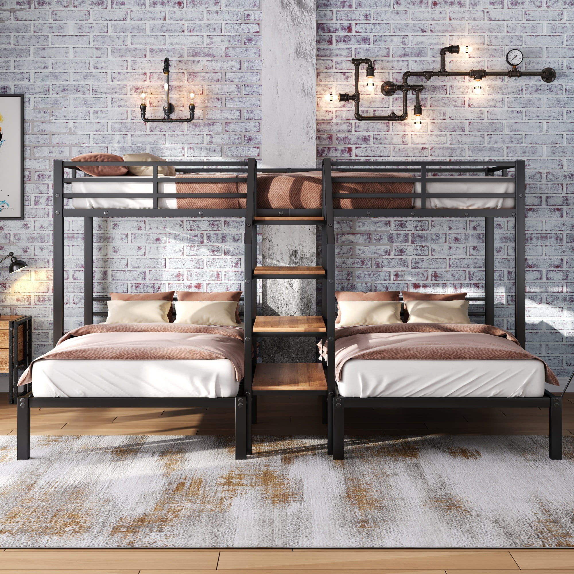 Euroco Metal Twin over Twin & Twin Bunk Bed, 3-in-1 Triple Bunk Bed with Shelves for Kids Teens, Black