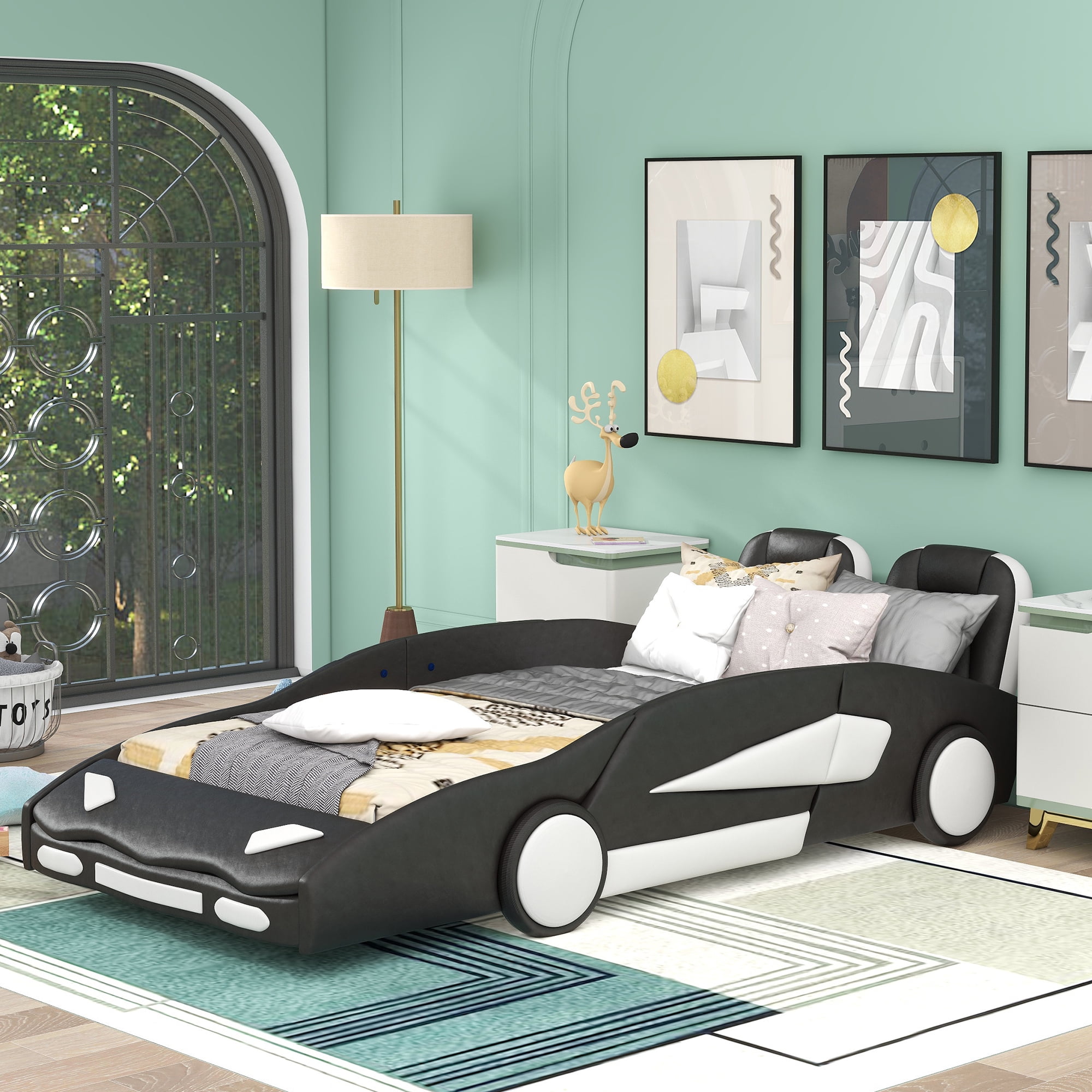 Euroco Modern Wood Race Car-Shaped Twin Platform Bed for Kids Teens Bedroom, Upholstery PU Leather Car Bed for Kids Gift, Black