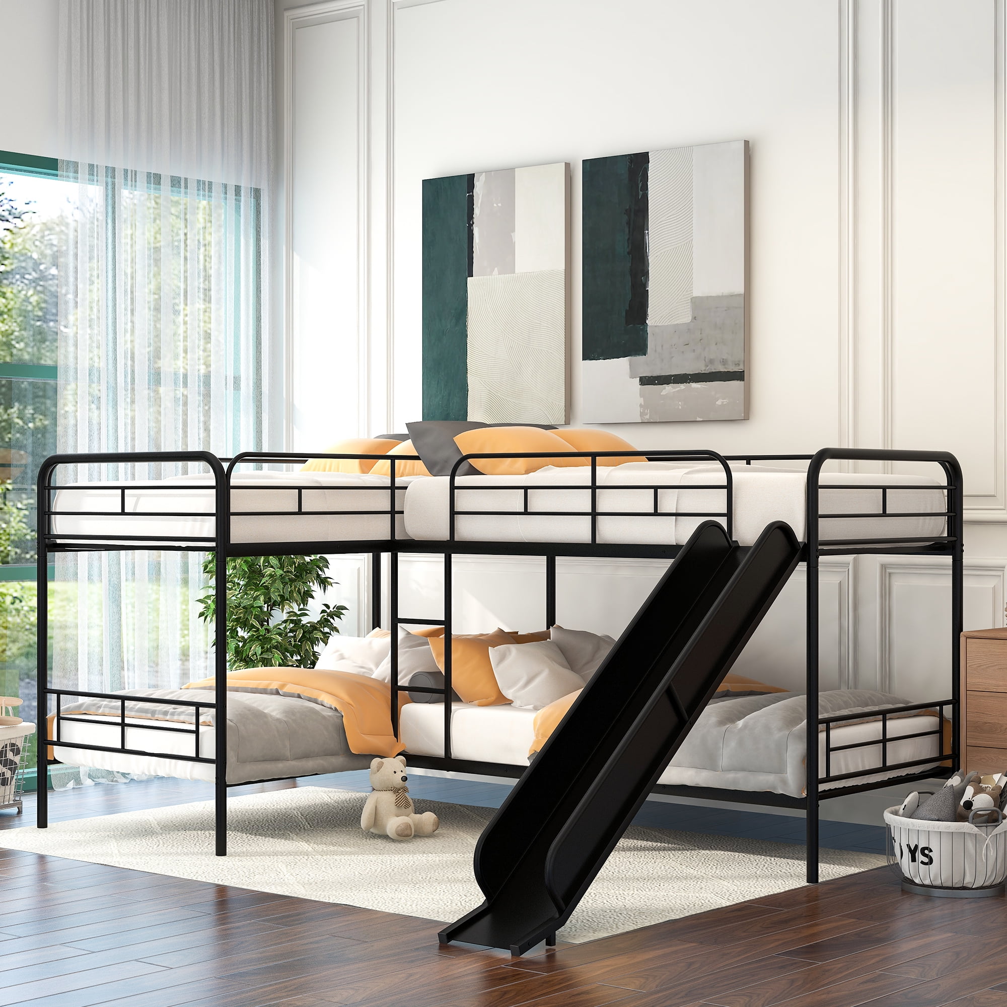 Euroco Modern Metal Twin L-Shaped Quadruple Bunk Bed for Kids Teens Bedroom, 4-in-1 Beds with Slide, 4 Twin Beds, Black