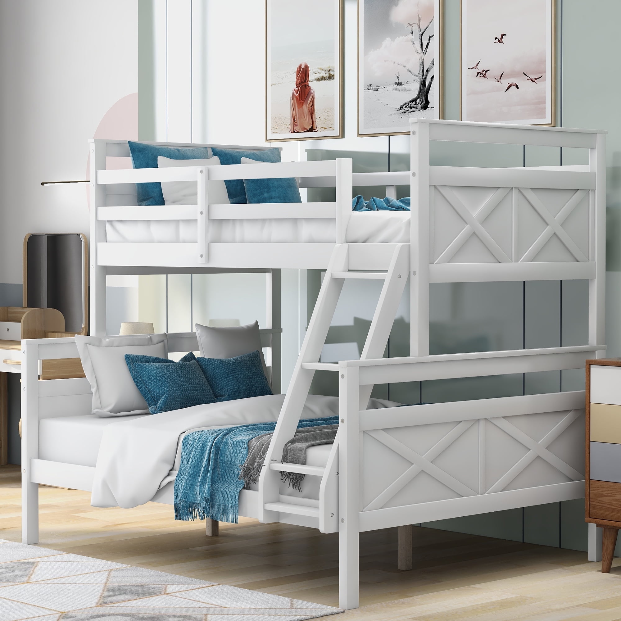 Euroco Modern Solid Wood Twin over Full Kids Bunk Bed Frame with Ladder, White