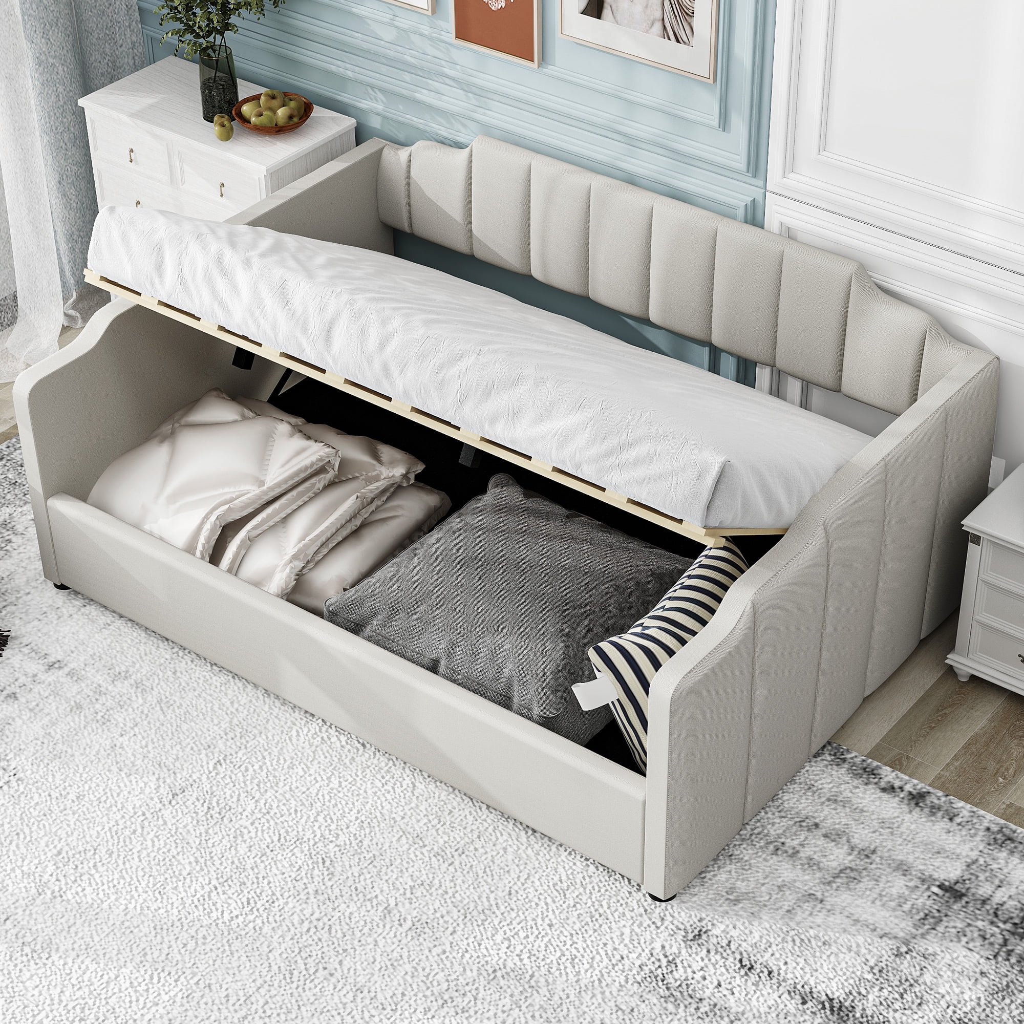 Euroco Modern Upholstered Full Size Daybed, Lift up Storage Bed for Kids Teens, White