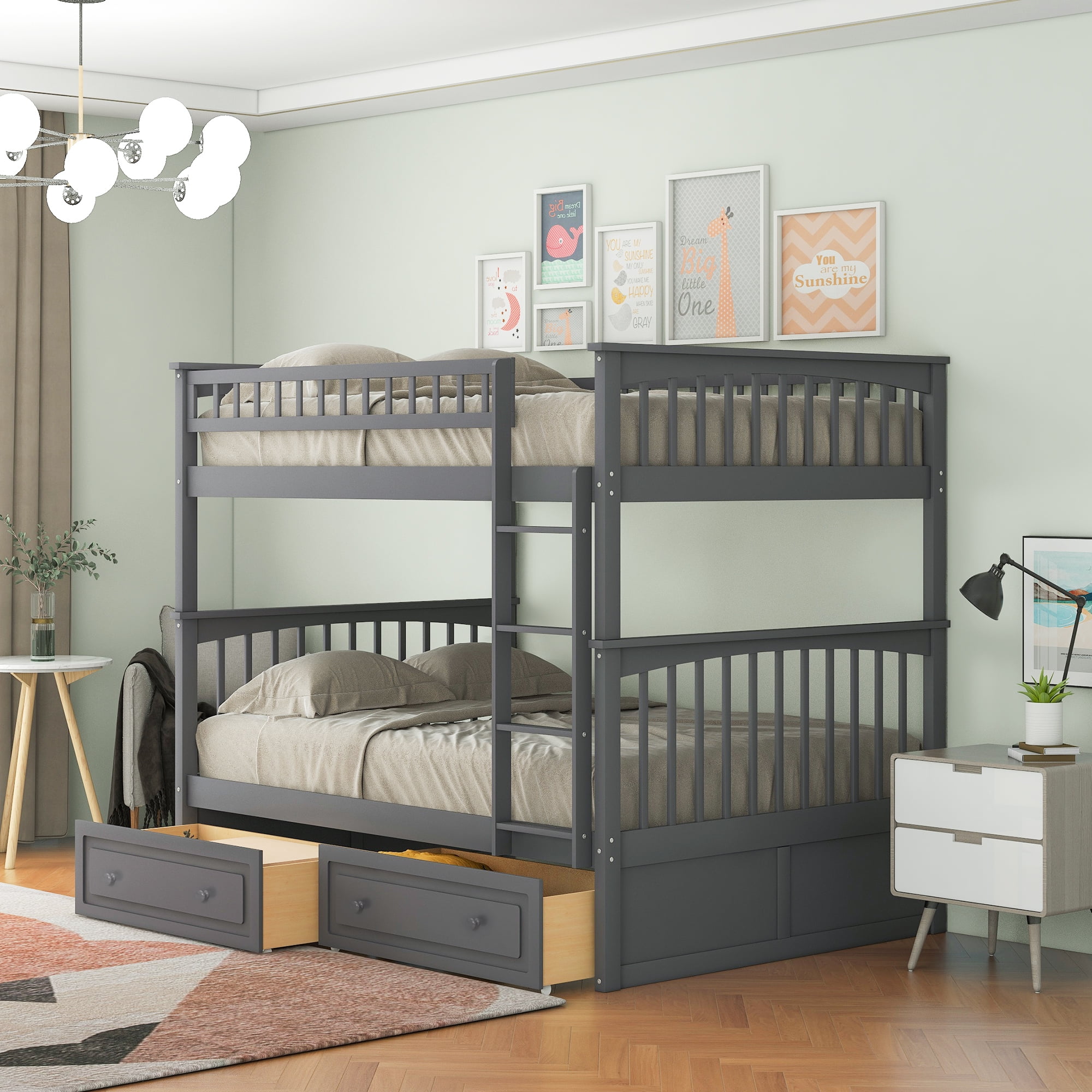 Euroco Pine Wood Bunk Bed With Storage, Full-Over-Full for Kids Teens, Grey