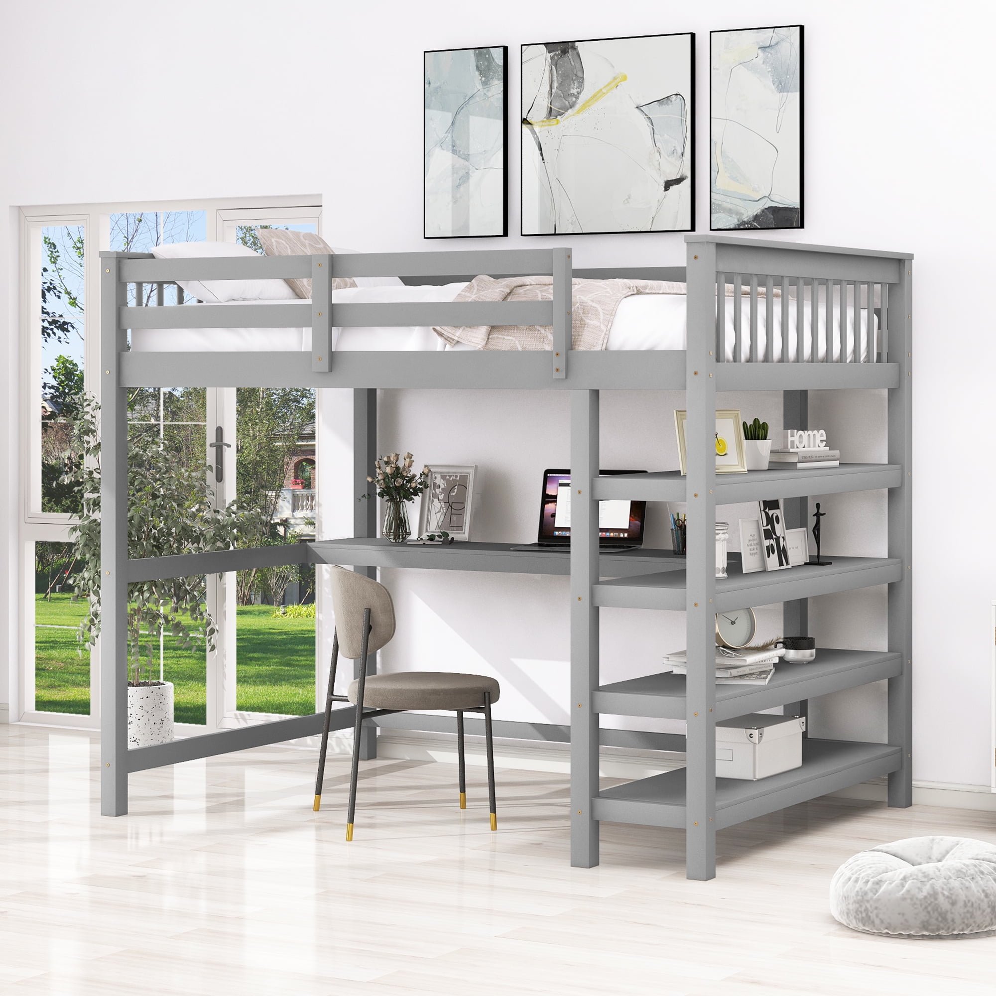 Euroco Solid Wood Full Size Loft Bed with Desk and 4-Tier Storage Shelves for Kids Teens Adults Bedrrom, Gray
