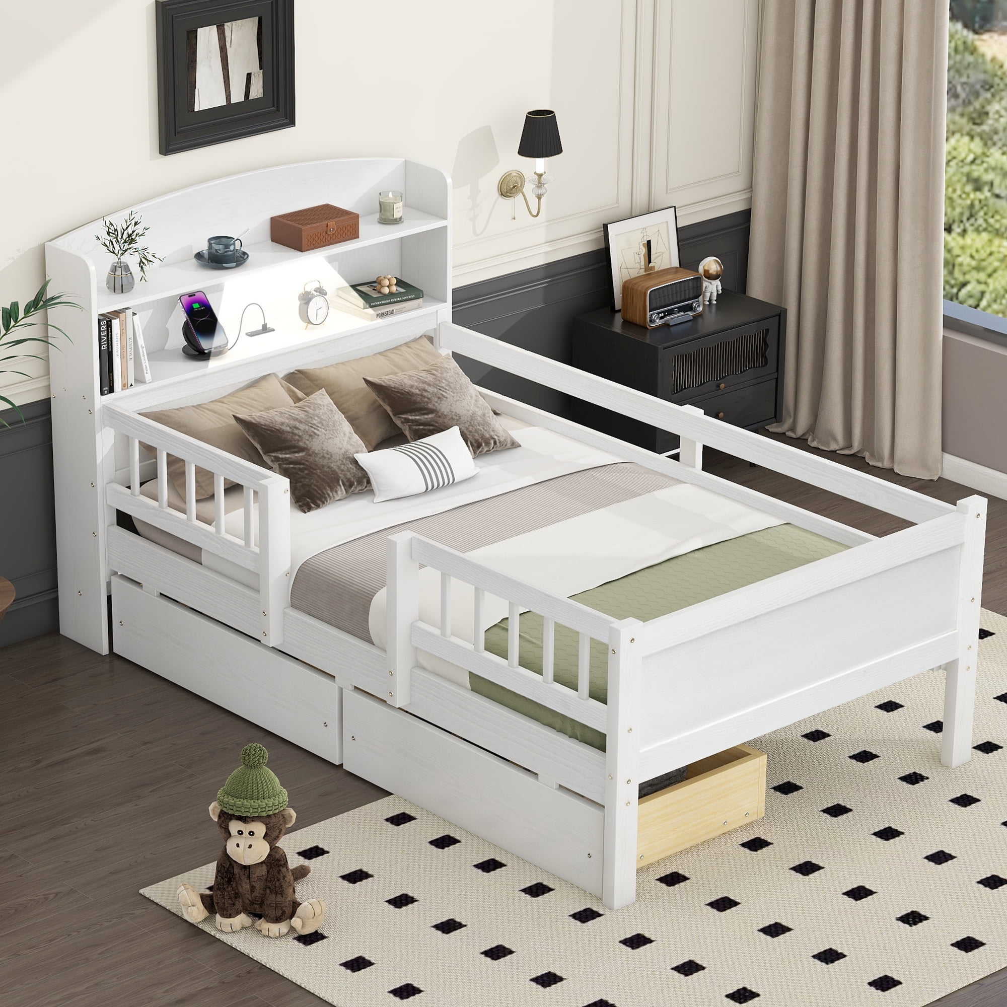 Euroco Twin Size Wooden Platform bed with Drawers and LED Light, White