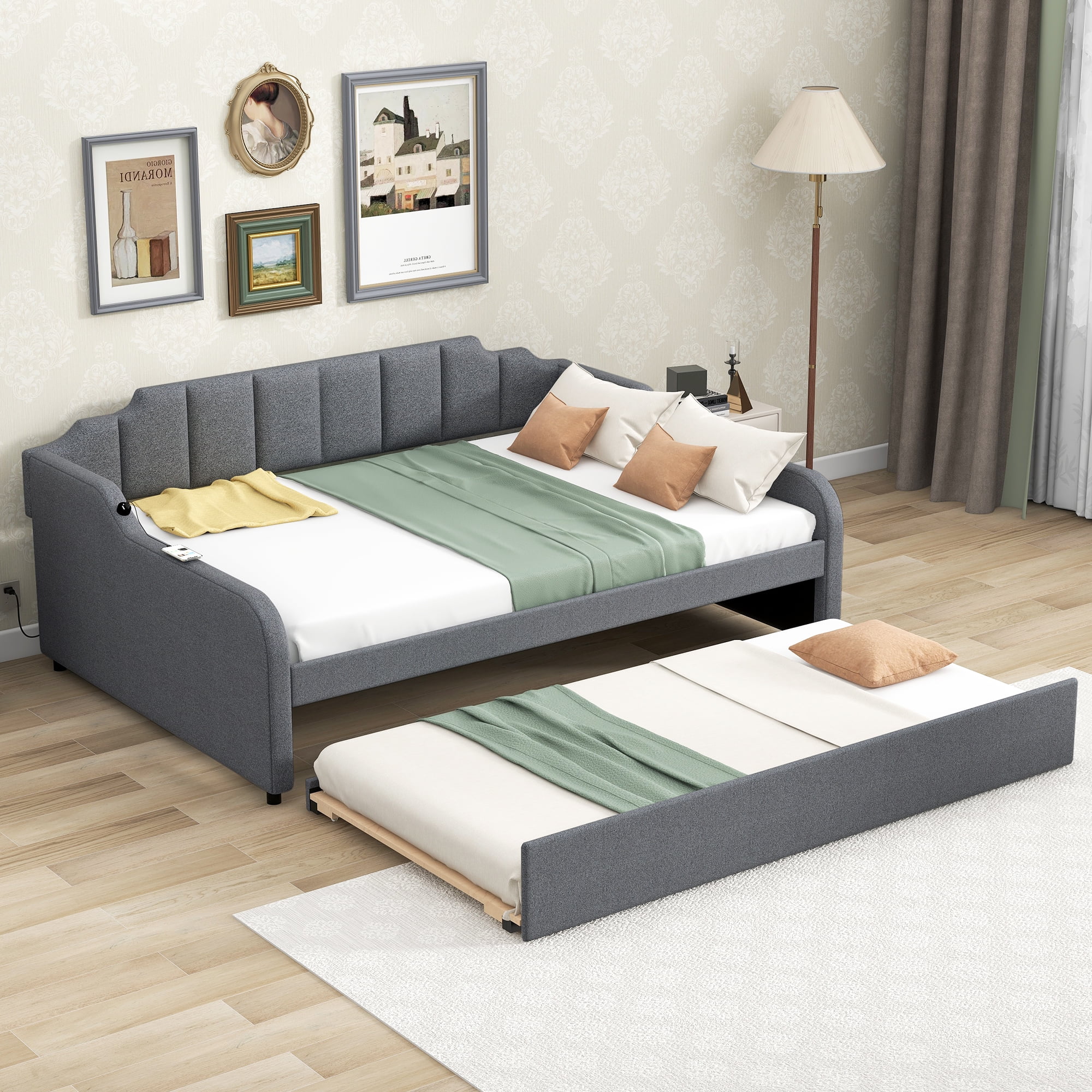 Euroco Full Size Daybed with Trundle, Upholstered with Padded Back for Kids, Gray