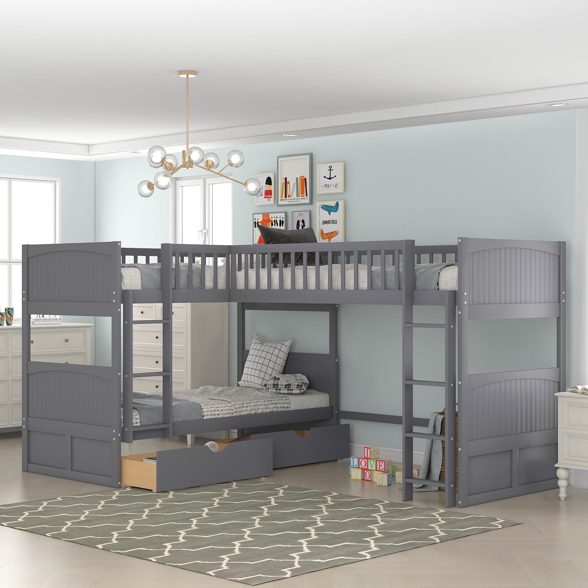 Euroco Twin Size L-Shaped Wood Triple Bunk Bed with Drawers for for Kids Teens Bedroom, Gray