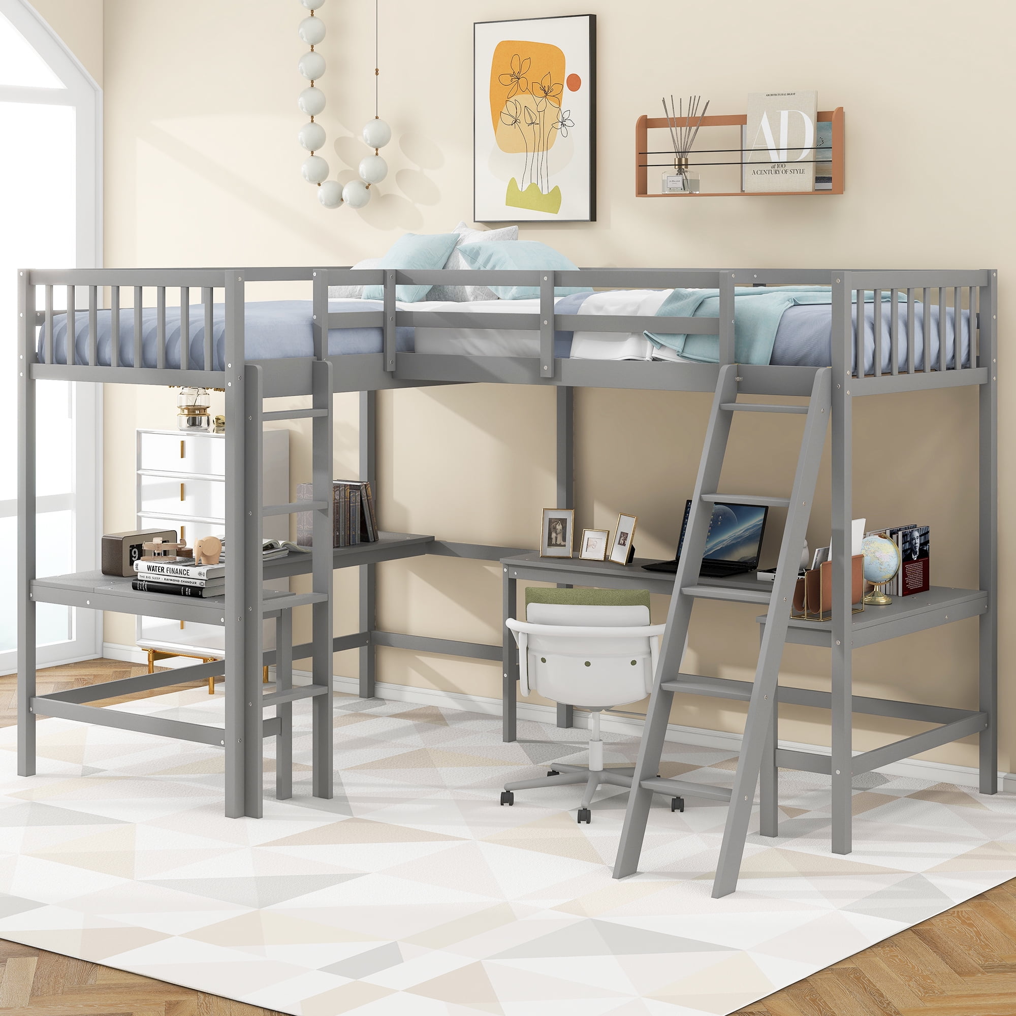 Euroco Twin Size L-Shaped Loft Bed with Built-in Desks,2-in-1 Loft Bed for Kids Teens Adults, Gray